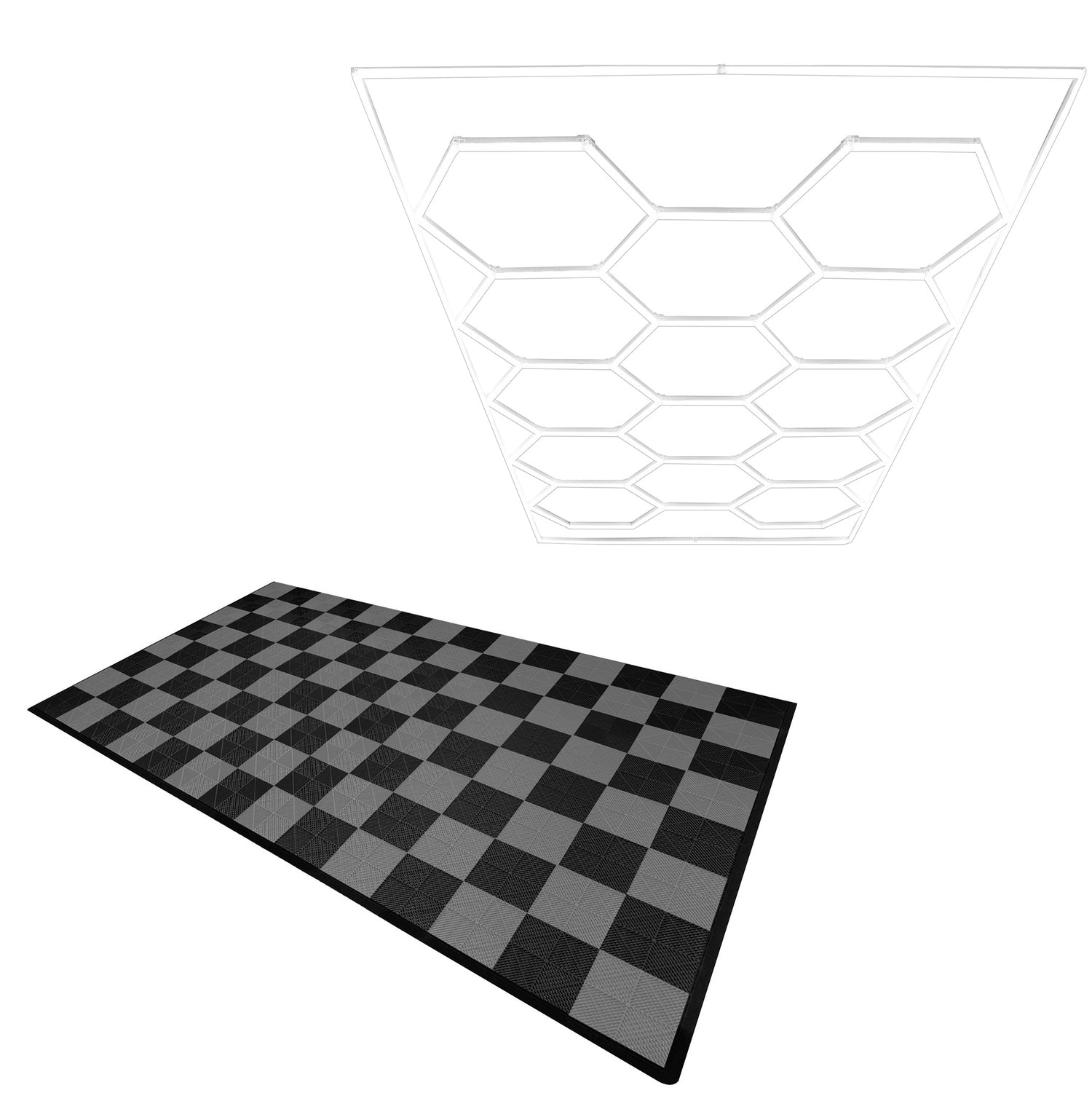 Polypropenplattor med ventilationskanaler (120 enheter) och kanter - Svart (60) och Grå (60)+ Hexagonal LED-taklampa