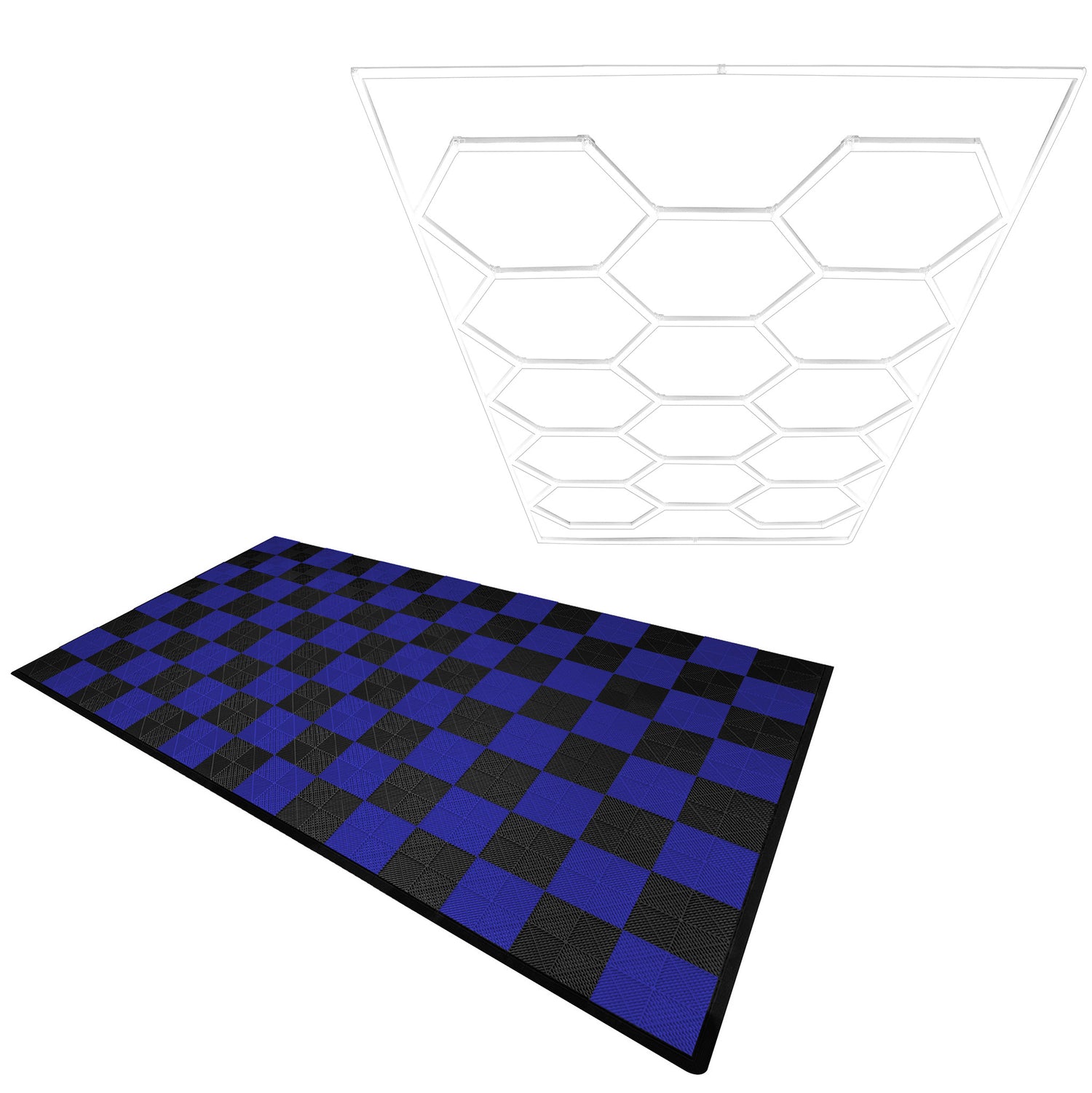Polypropenplattor med ventilationskanaler (120 enheter) och kanter - Svart (60) och Blå (60)+ Hexagonal LED-taklampa