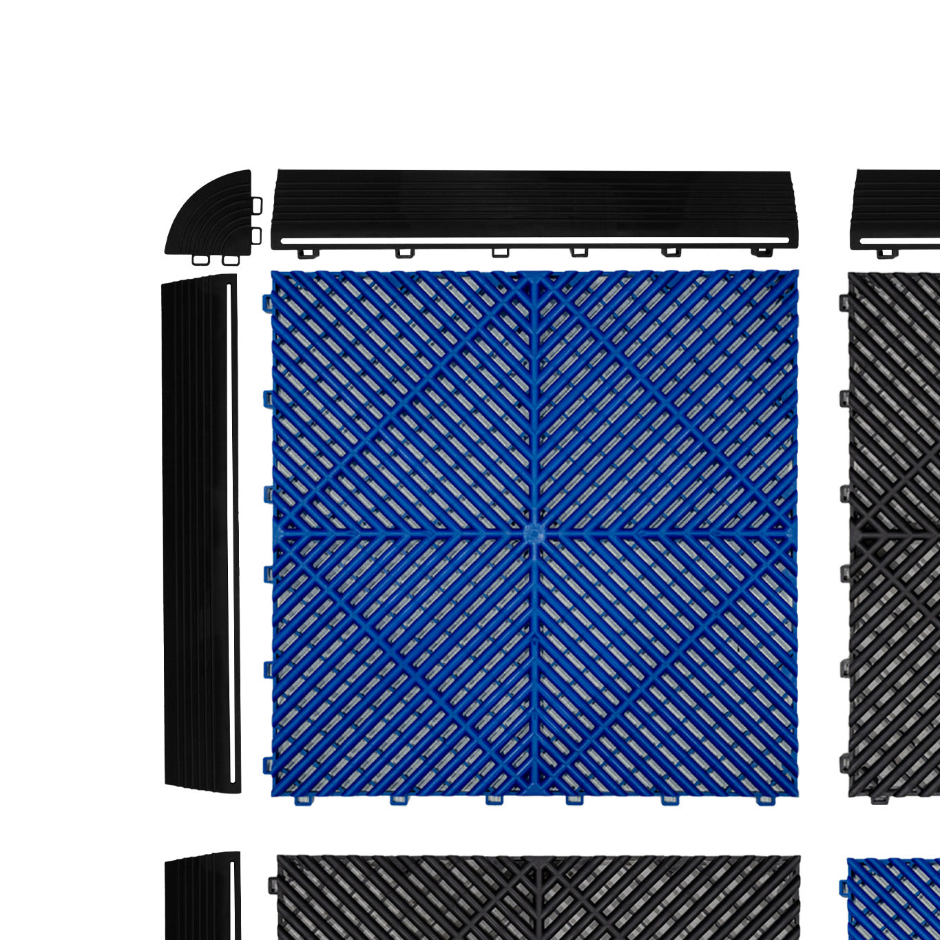 Polypropenplattor med ventilationskanaler (120 enheter) och kanter - Svart (60) och Blå (60)+ Hexagonal LED-taklampa