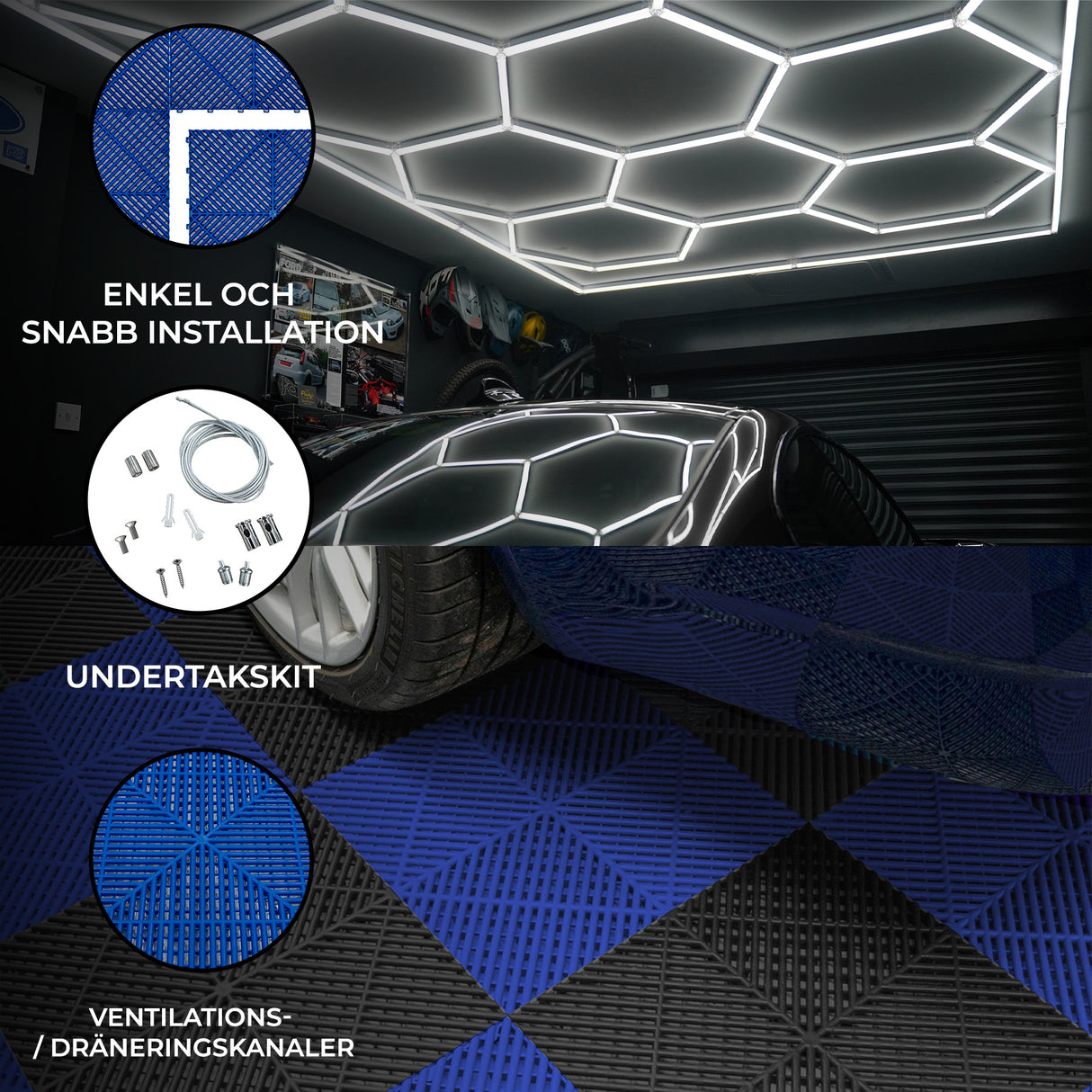 Polypropenplattor med ventilationskanaler (120 enheter) och kanter - Svart (60) och Blå (60)+ Hexagonal LED-taklampa