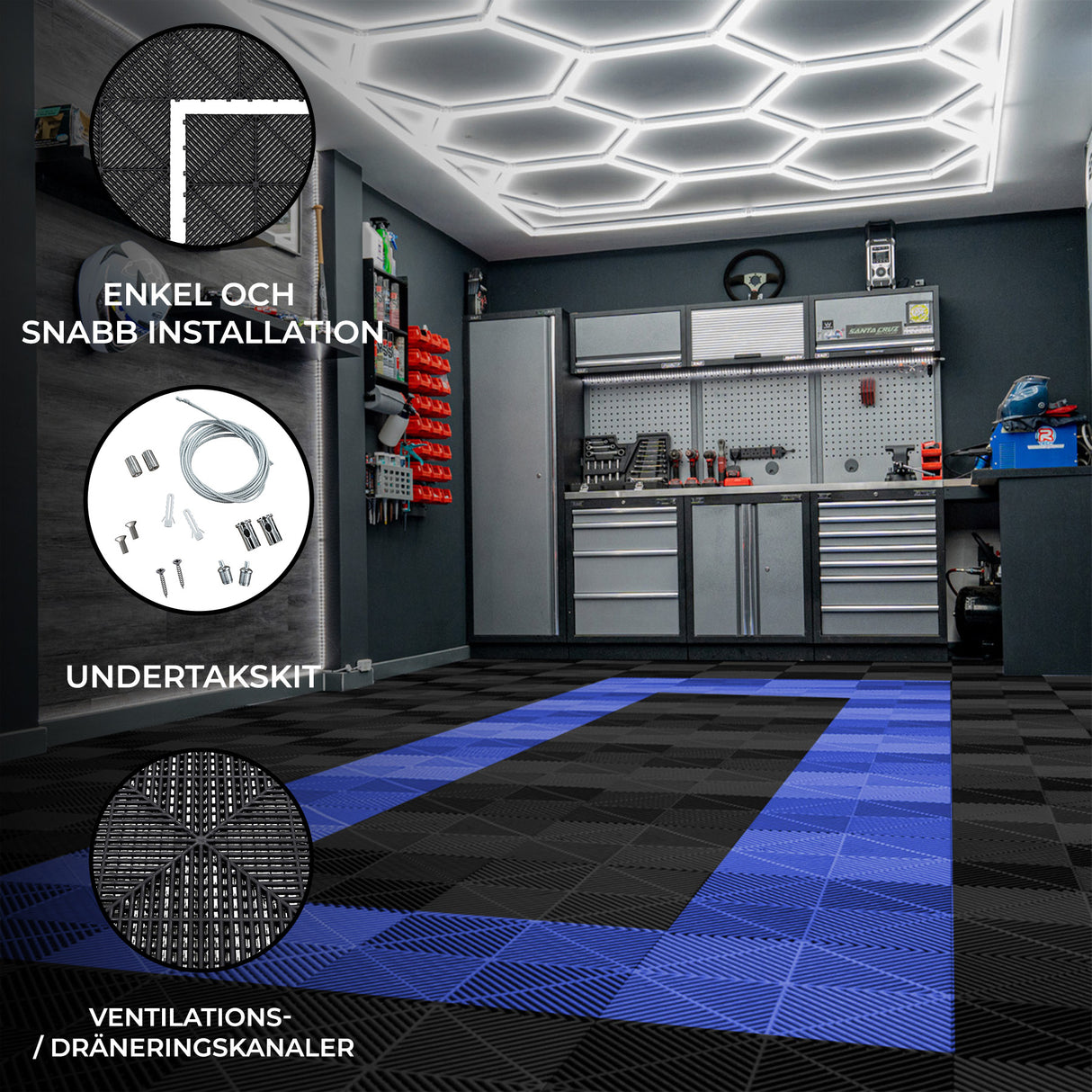 Polypropenplattor med ventilationskanaler (120 enheter) och kanter - Svart (90) och Blå (30)+ Hexagonal LED-taklampa