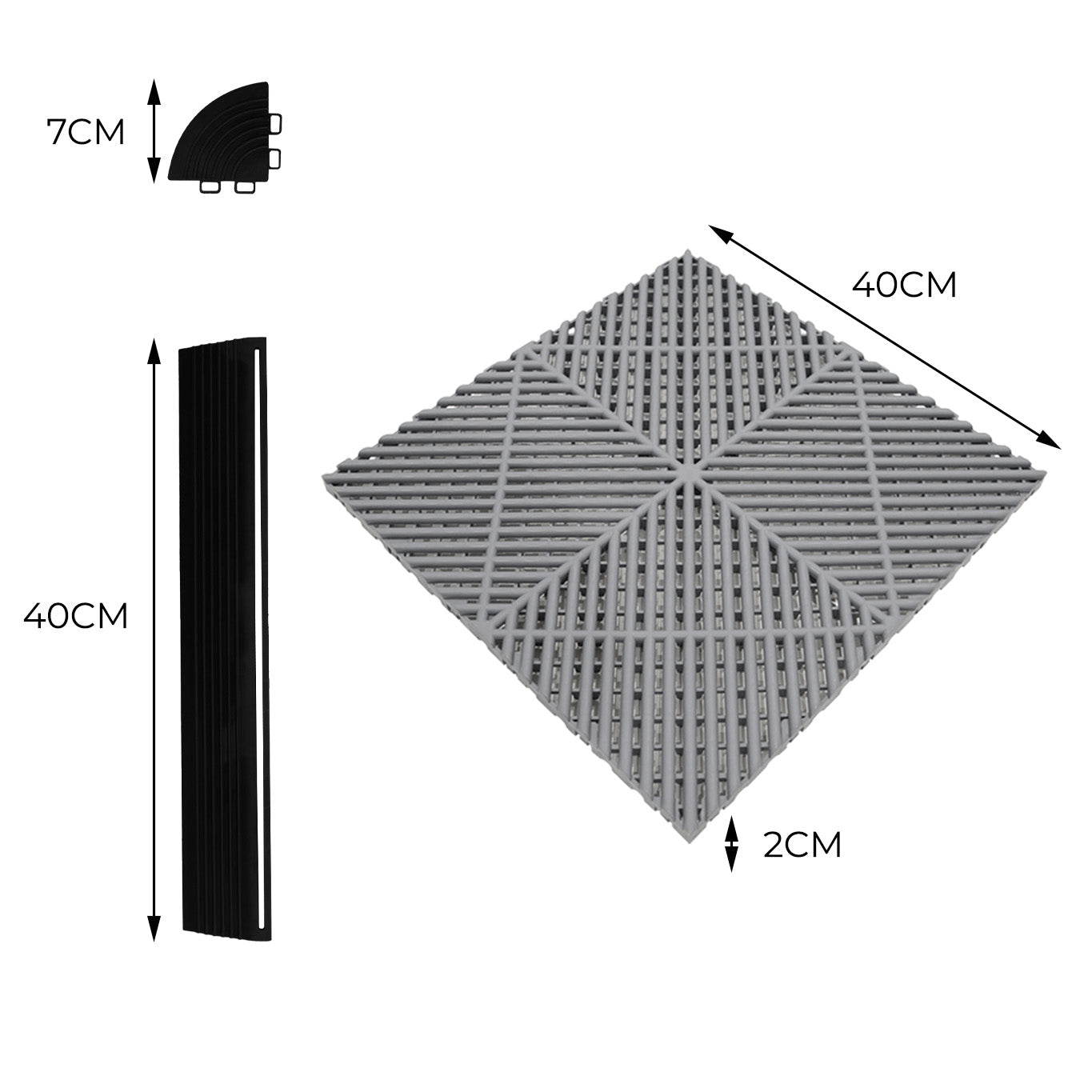 Polypropenplattor med ventilationskanaler (120 enheter) och kanter - Grå (90) och Svart  (30)+ Hexagonal LED-taklampa
