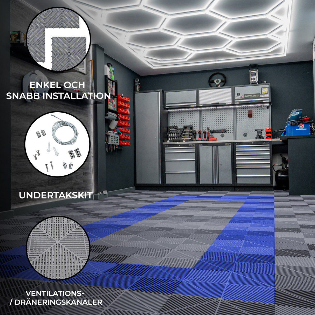 Polypropenplattor med ventilationskanaler (120 enheter) och kanter - Grå (90) och Blå (30)+ Hexagonal LED-taklampa