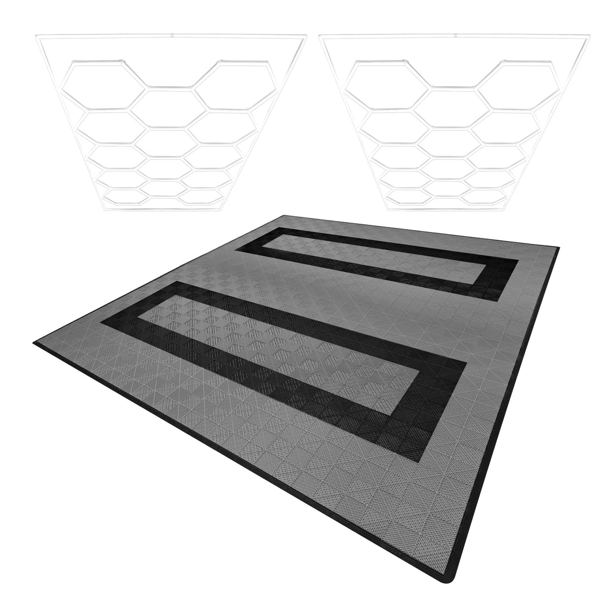 Polypropenplattor med ventilationskanaler (225enheter) och kanter - Grå (x165) och Svart (x60) + Hexagonal LED-taklampa (2 enheter)