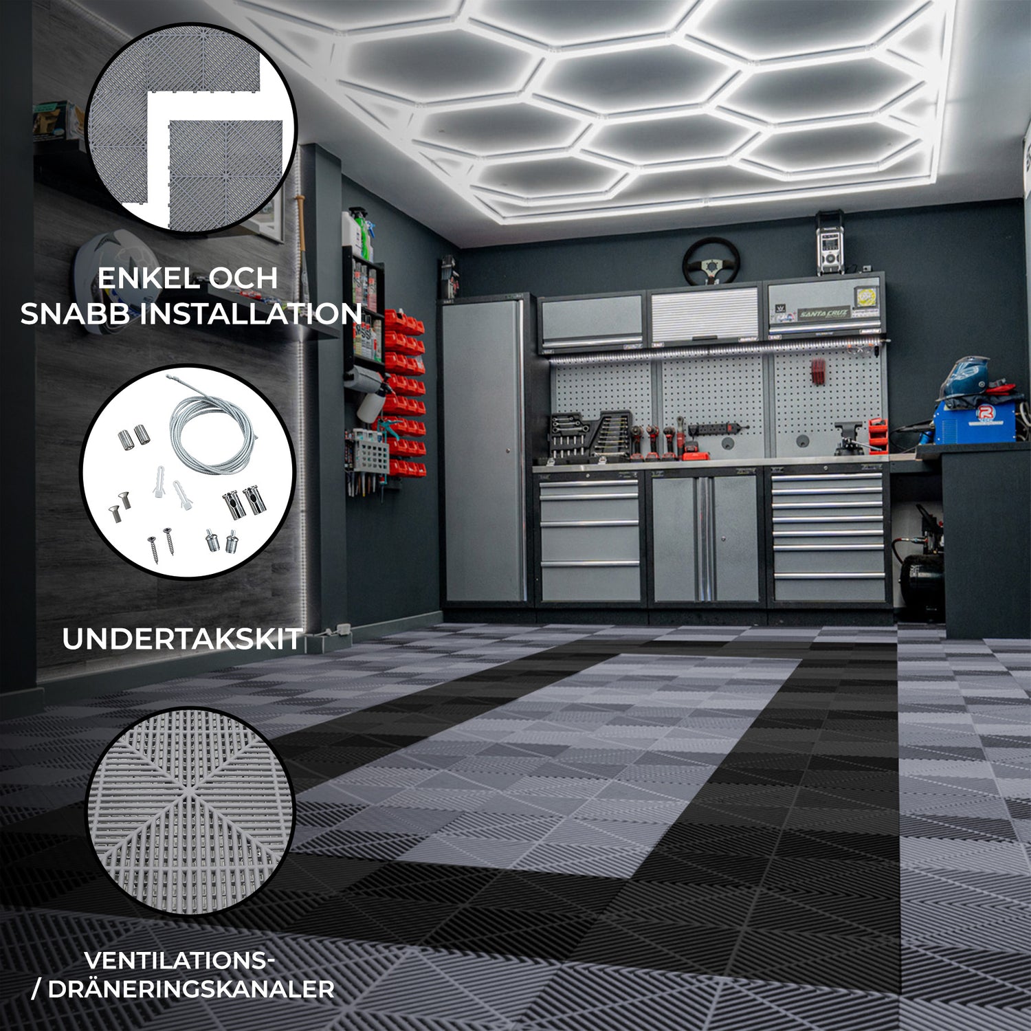 Polypropenplattor med ventilationskanaler (225enheter) och kanter - Grå (x165) och Svart (x60) + Hexagonal LED-taklampa (2 enheter)