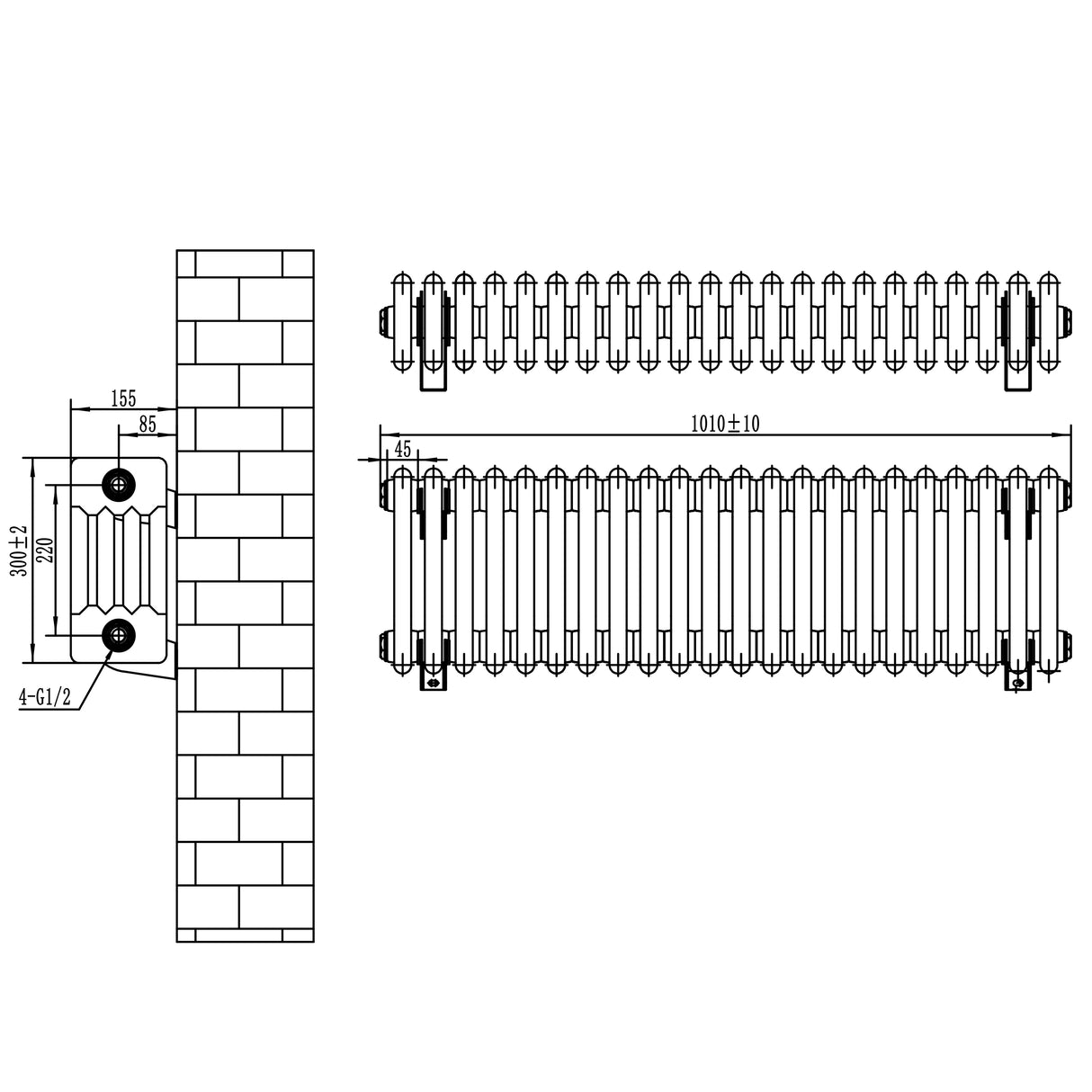 Traditionell vit 4-kolonnsradiator med måtten 300 x 1010 mm, visar detaljerad design och struktur för effektiv uppvärmning