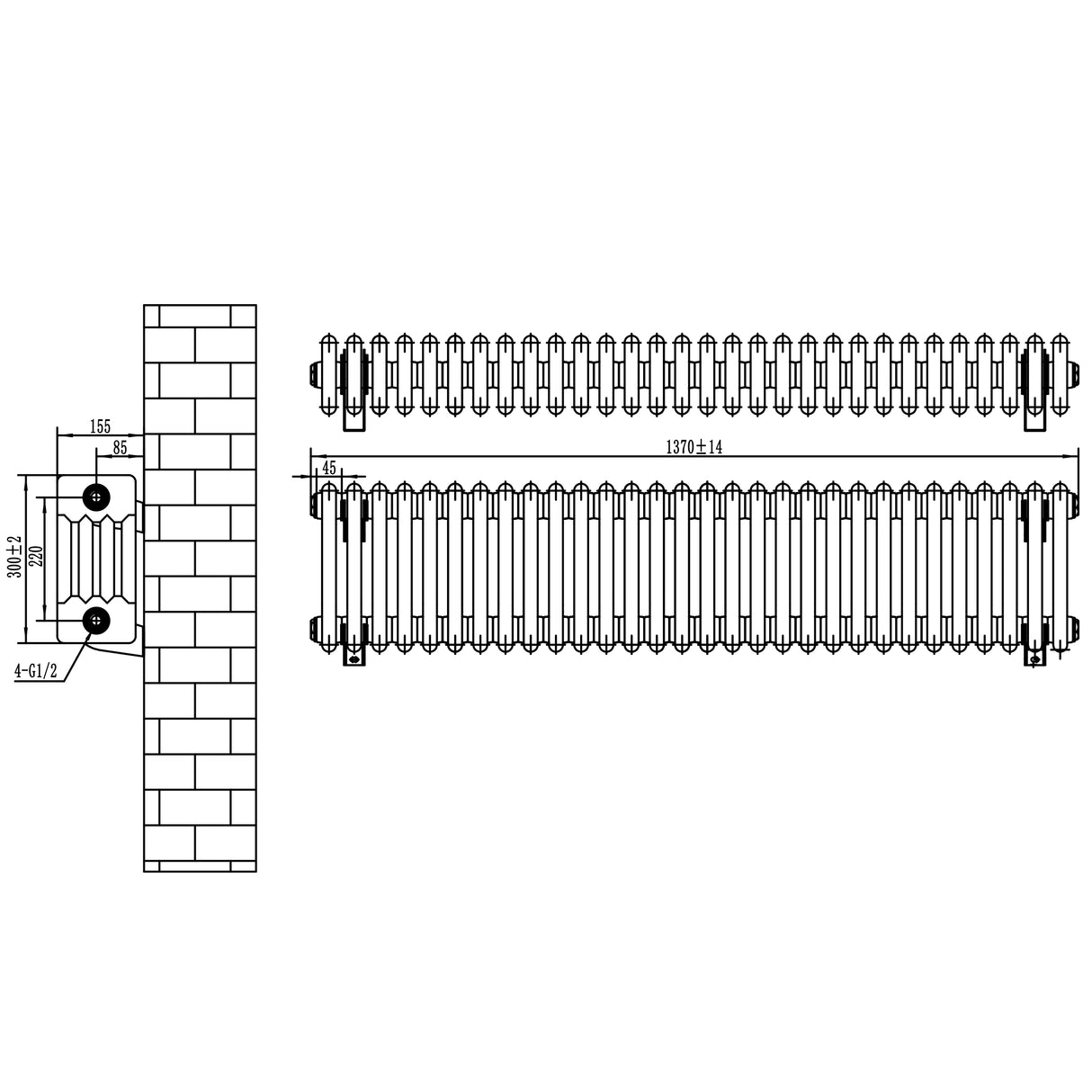 Traditionell antracitfärgad 4-kolonnsradiator med måtten 300 x 1370 mm, visar detaljerad design och strukturerad yta