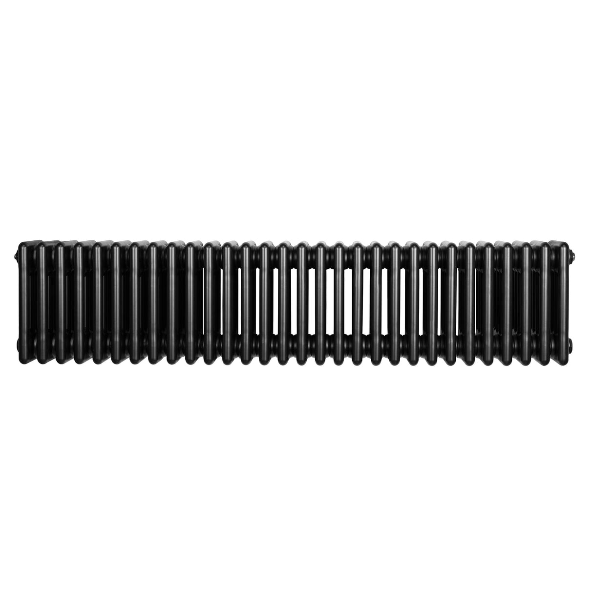 Svart traditionell 4-kolonnsradiator i metall, 300 x 1370 mm, med släta ytor och en elegant, avlång design för effektiv värme