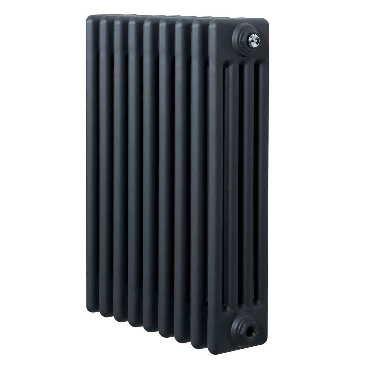 Traditionell 4-kolonnsradiator i antracitgrå, med släta ytor och rektangulära former, perfekt för effektiv uppvärmning