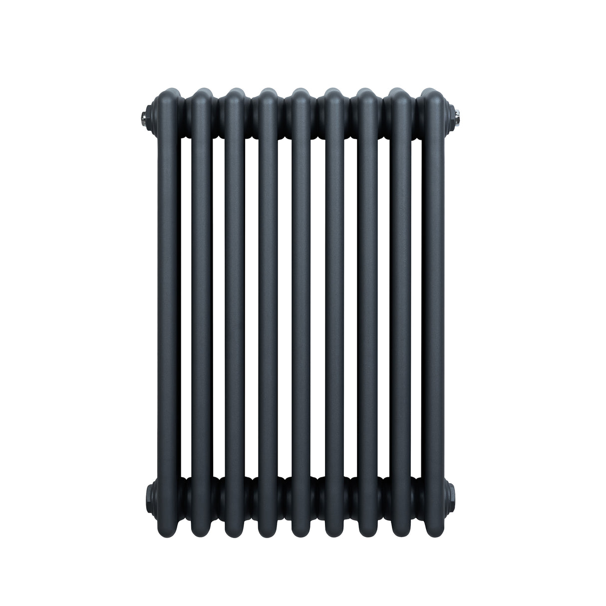 Traditionell 4-kolonnsradiator i antracitgrå, med släta, rundade rör och en kompakt design som passar i moderna hem