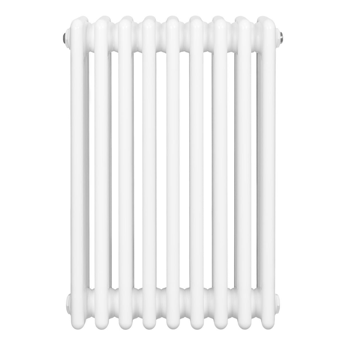 Traditionell vit 4-kolonnsradiator med släta, runda rör och en kompakt design, perfekt för uppvärmning av mindre utrymmen