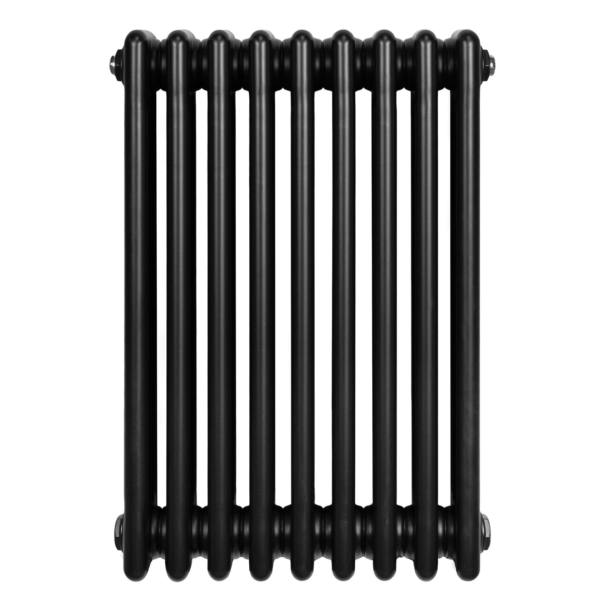 Traditionell svart 4-kolonnsradiator med släta, runda rör och en kompakt design, perfekt för värme och stil i hemmet