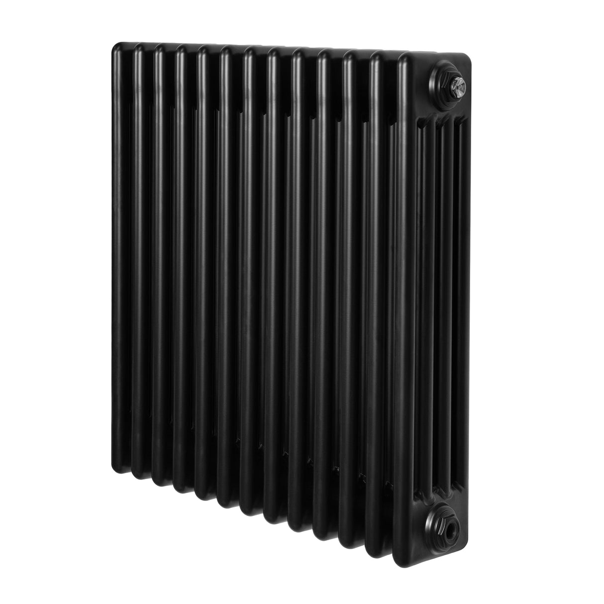 Svart traditionell 4-kolonnsradiator med släta, vertikala ribbor och rundade hörn, mått 600 x 605 mm, elegant design
