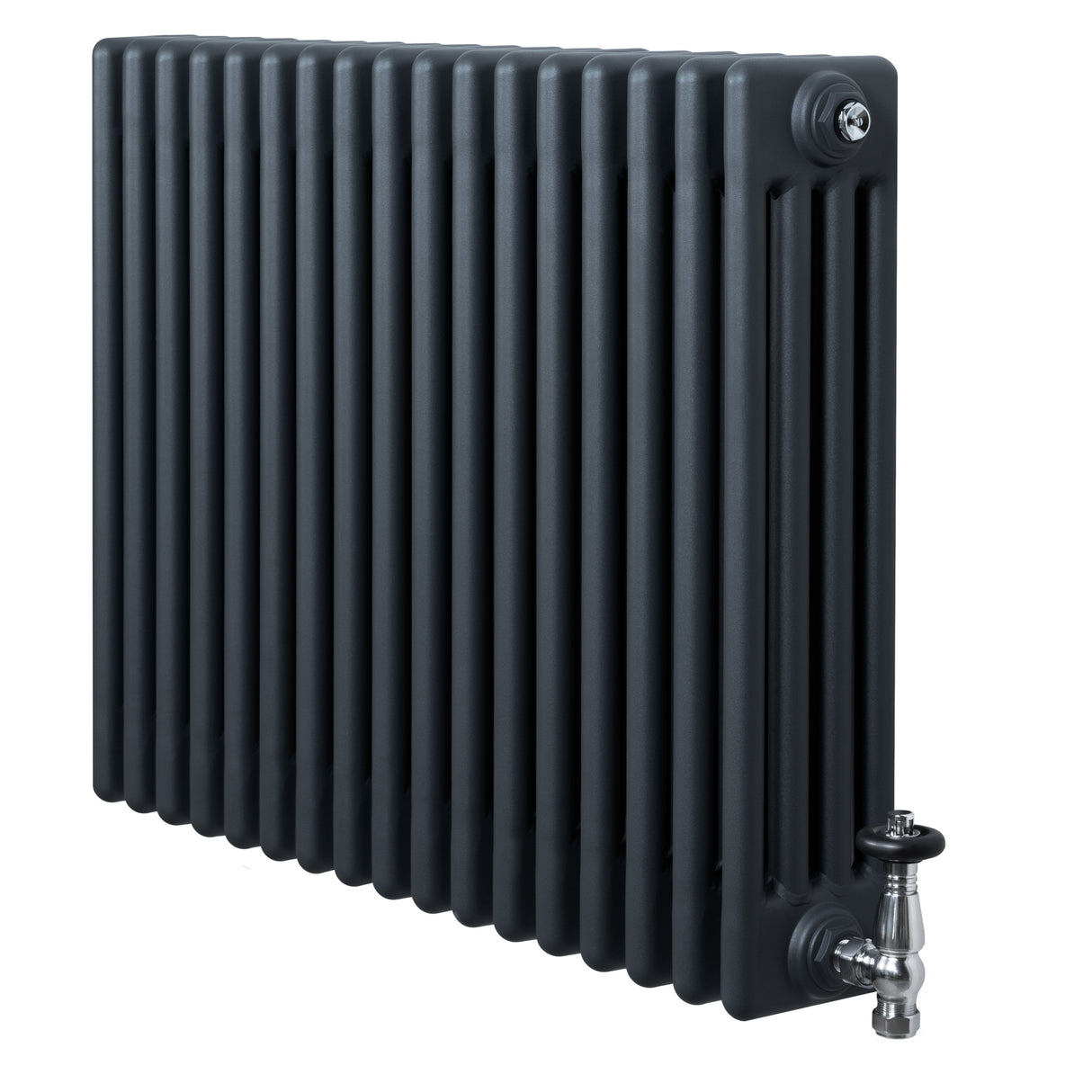 Traditionell antracitgrå 4-kolonnsradiator med släta ytor och synliga ventiler, 600 x 785 mm, perfekt för värme och stil