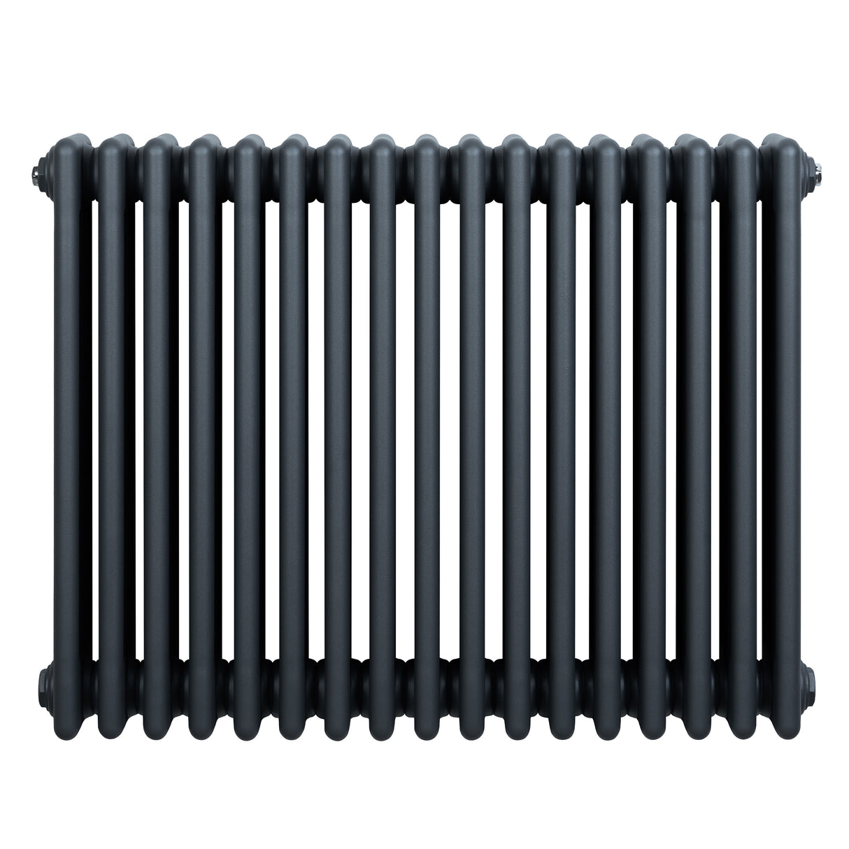 Traditionell antracitgrå 4-kolonnsradiator med släta, runda rör och en elegant, industriell design, 600 x 785 mm
