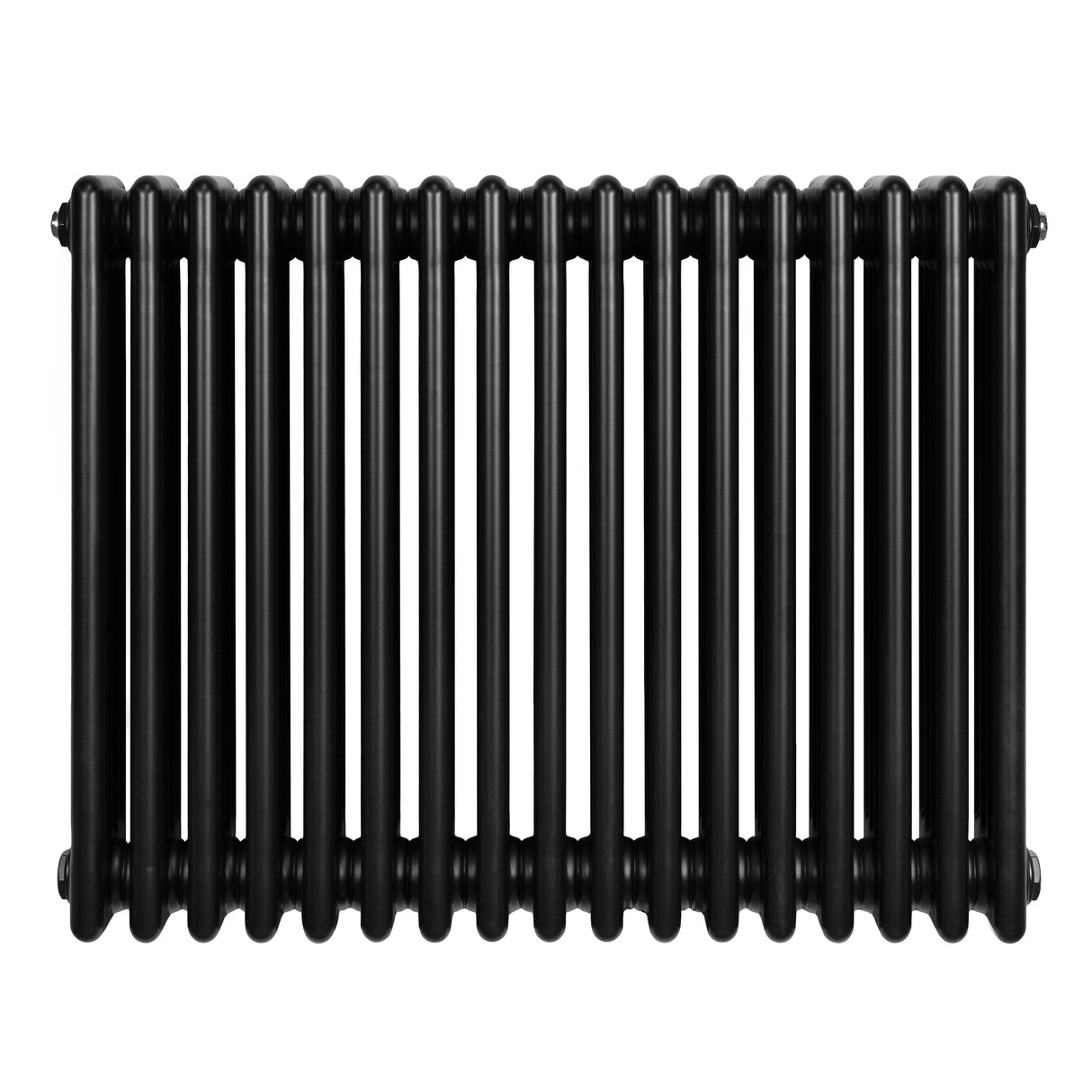 Traditionell svart 4-kolonnsradiator med släta, rundade rör och en elegant, tidlös design, perfekt för värme och stil