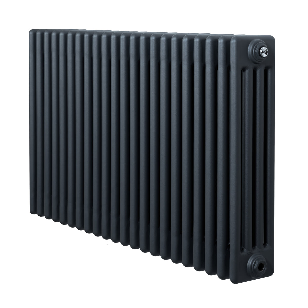 Traditionell 4-kolonnsradiator i antracitgrå, med släta ytor och vertikala ribbor, mått 600 x 1010 mm, stilren design