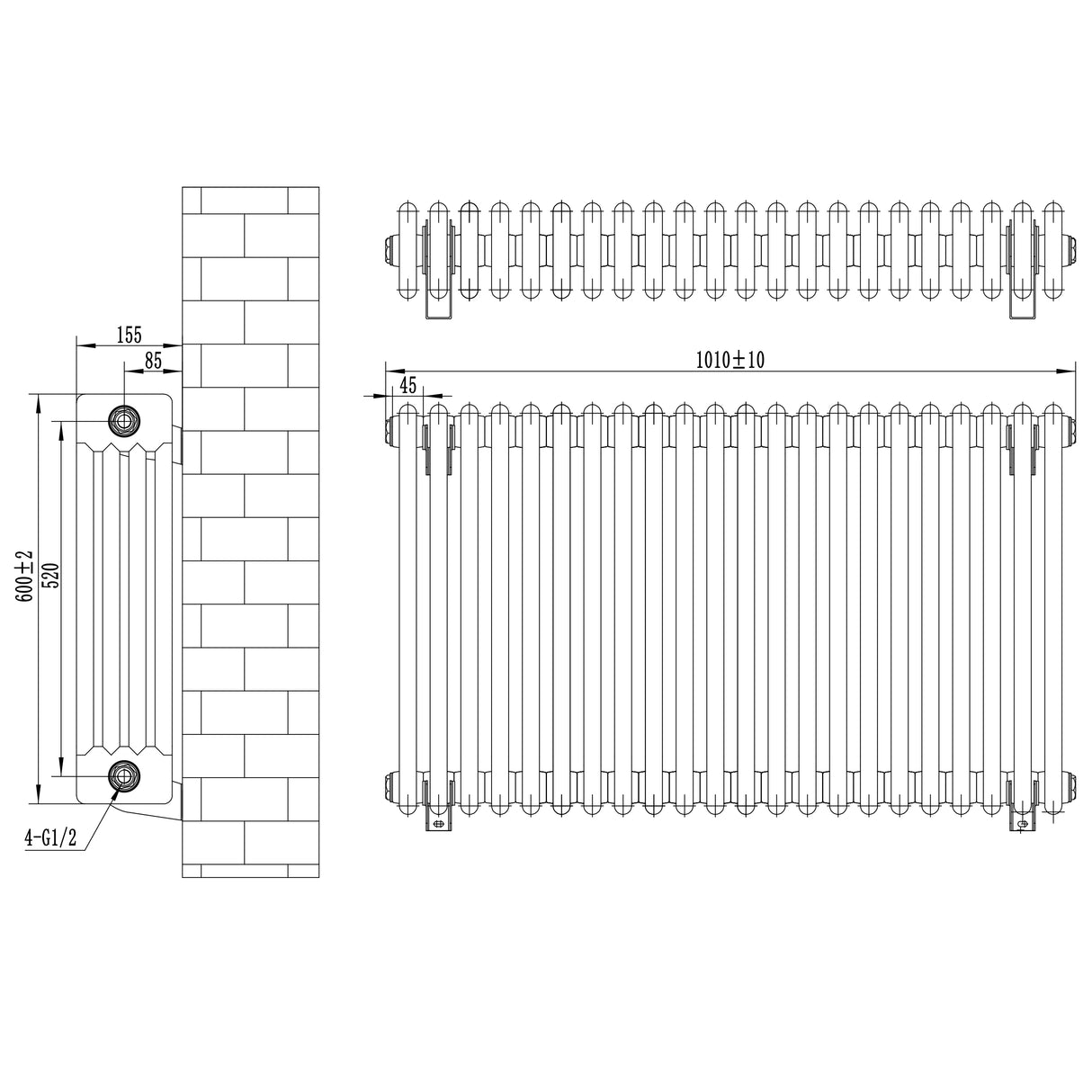 Vit traditionell 4-kolonnsradiator med måtten 600 x 1010 mm, visar detaljerad design och jämn yta för effektiv värmeöverföring