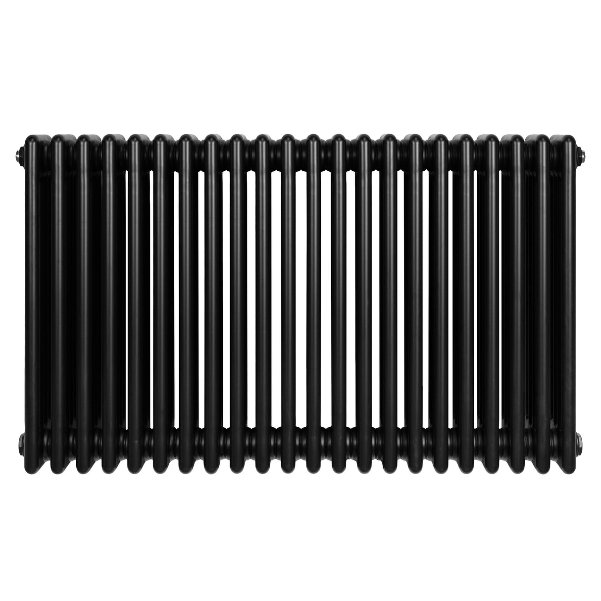 Svart traditionell 4-kolonnsradiator med släta, glänsande ytor och en rektangulär form, perfekt för värme och stil