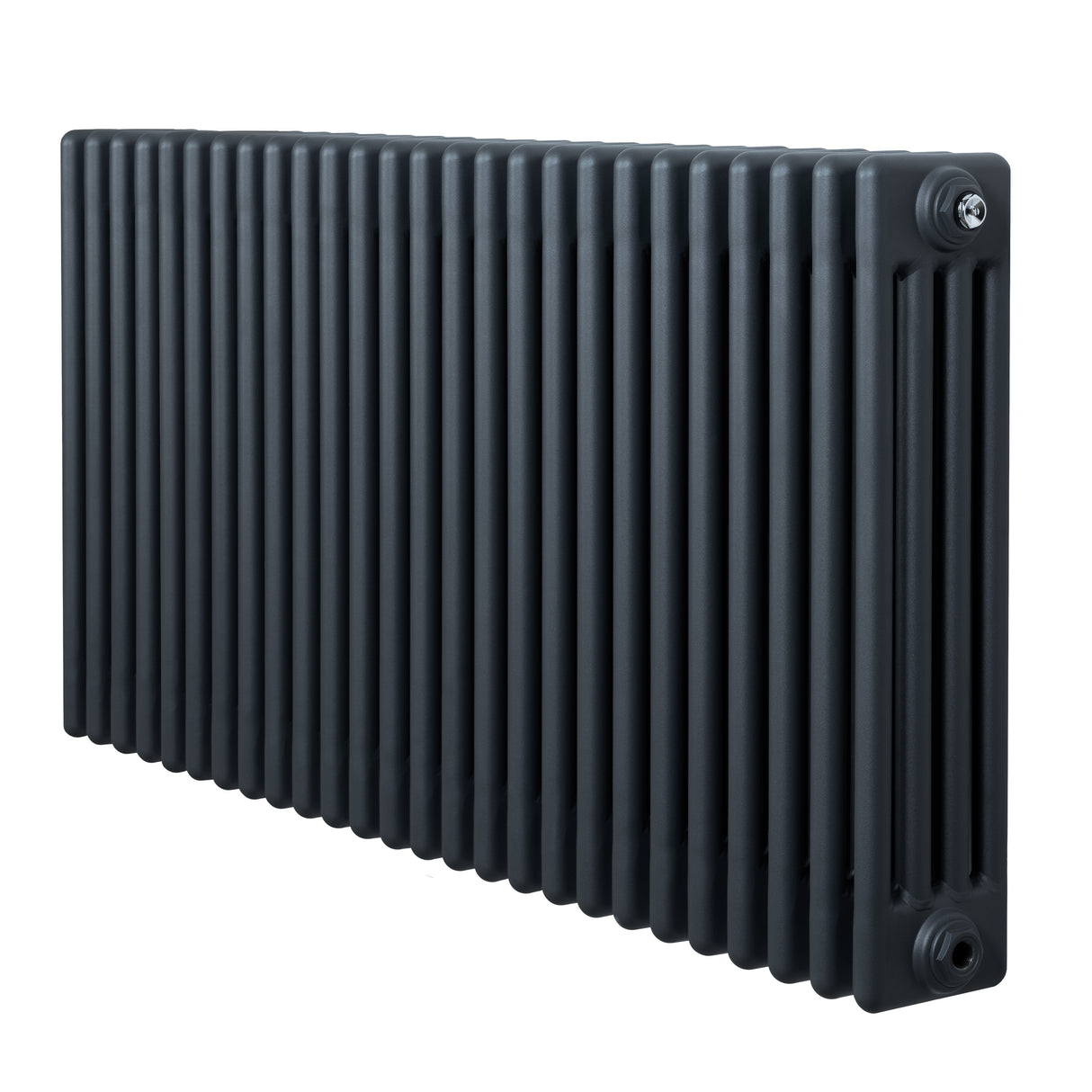 Traditionell 4-kolonnsradiator i antracitgrå, 600 x 1190 mm, med släta ytor och vertikala ribbor för effektiv värmeöverföring