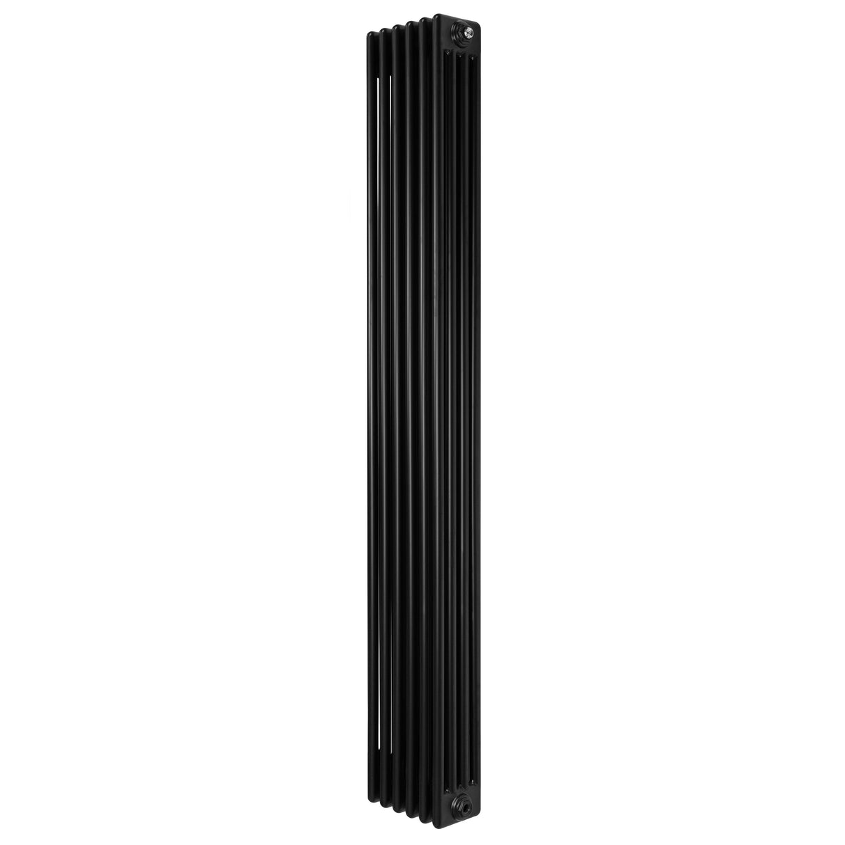 Traditionell svart 4-kolonnsradiator i metall, 1800 x 290 mm, med slanka, vertikala ribbor och en elegant, modern design