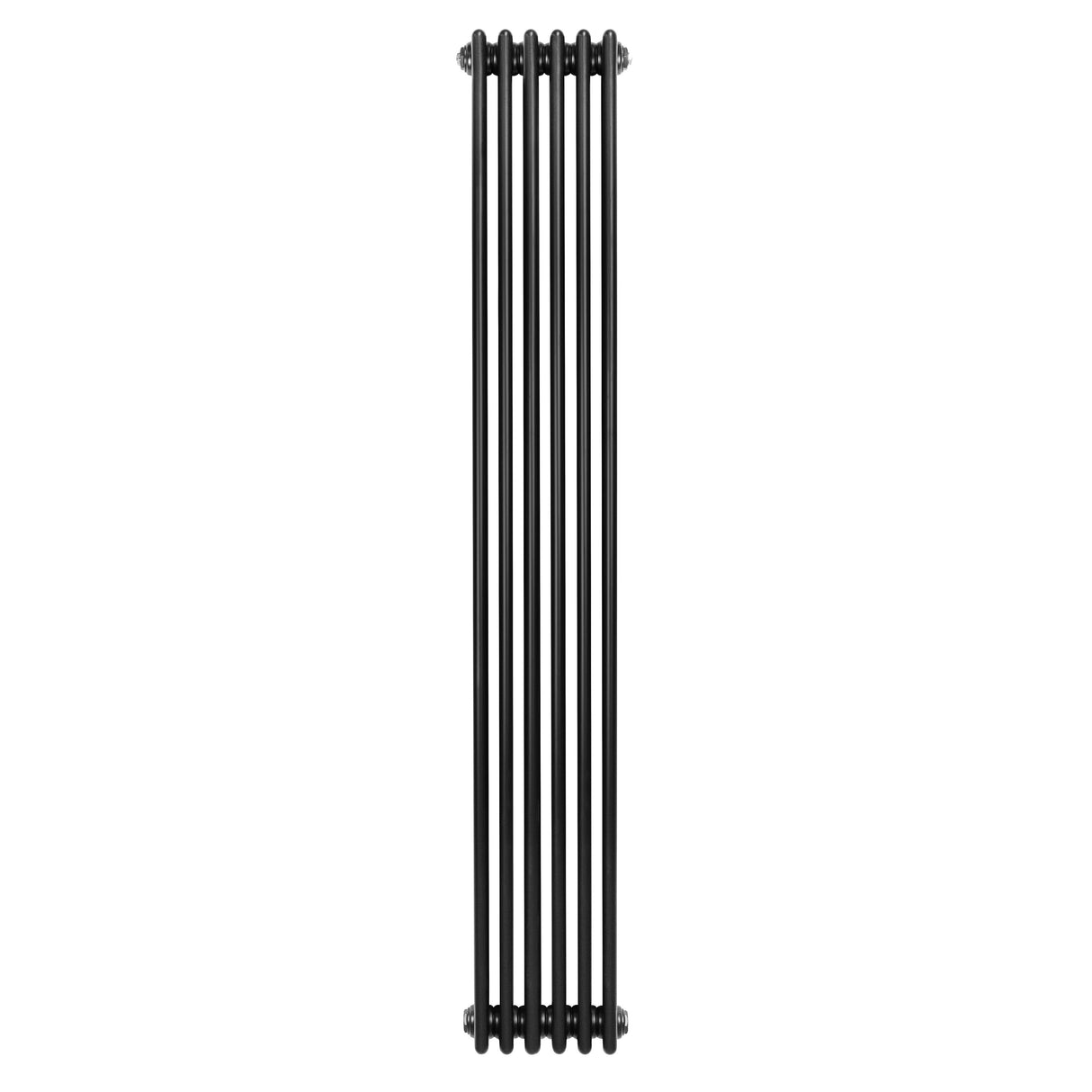 Svart traditionell 4-kolonnsradiator med slanka, vertikala rör och en elegant, matt yta, mått 1800 x 290 mm