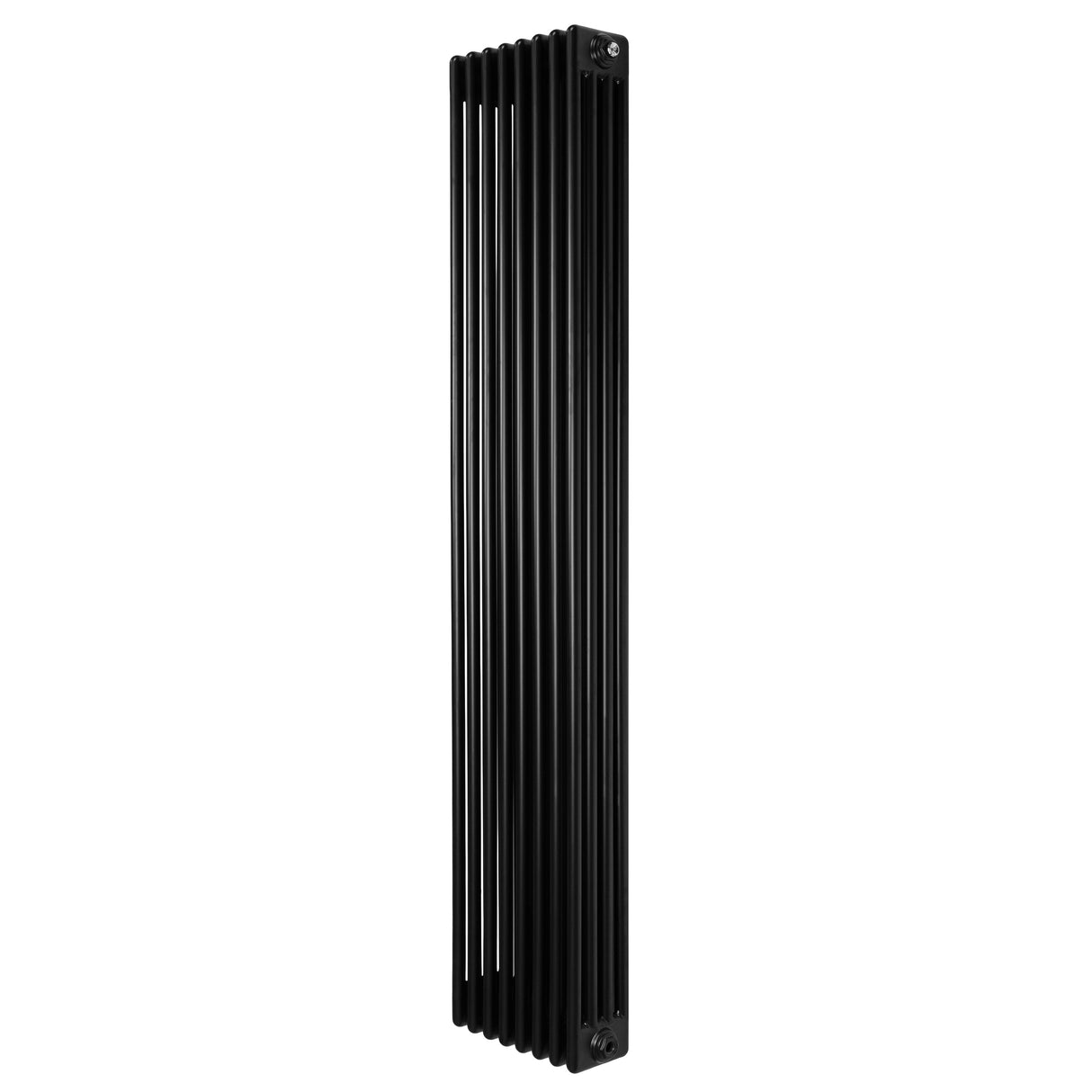 Traditionell svart 4-kolonnsradiator i metall, 1800 x 380 mm, med släta ytor och vertikala ribbor för effektiv värmefördelning