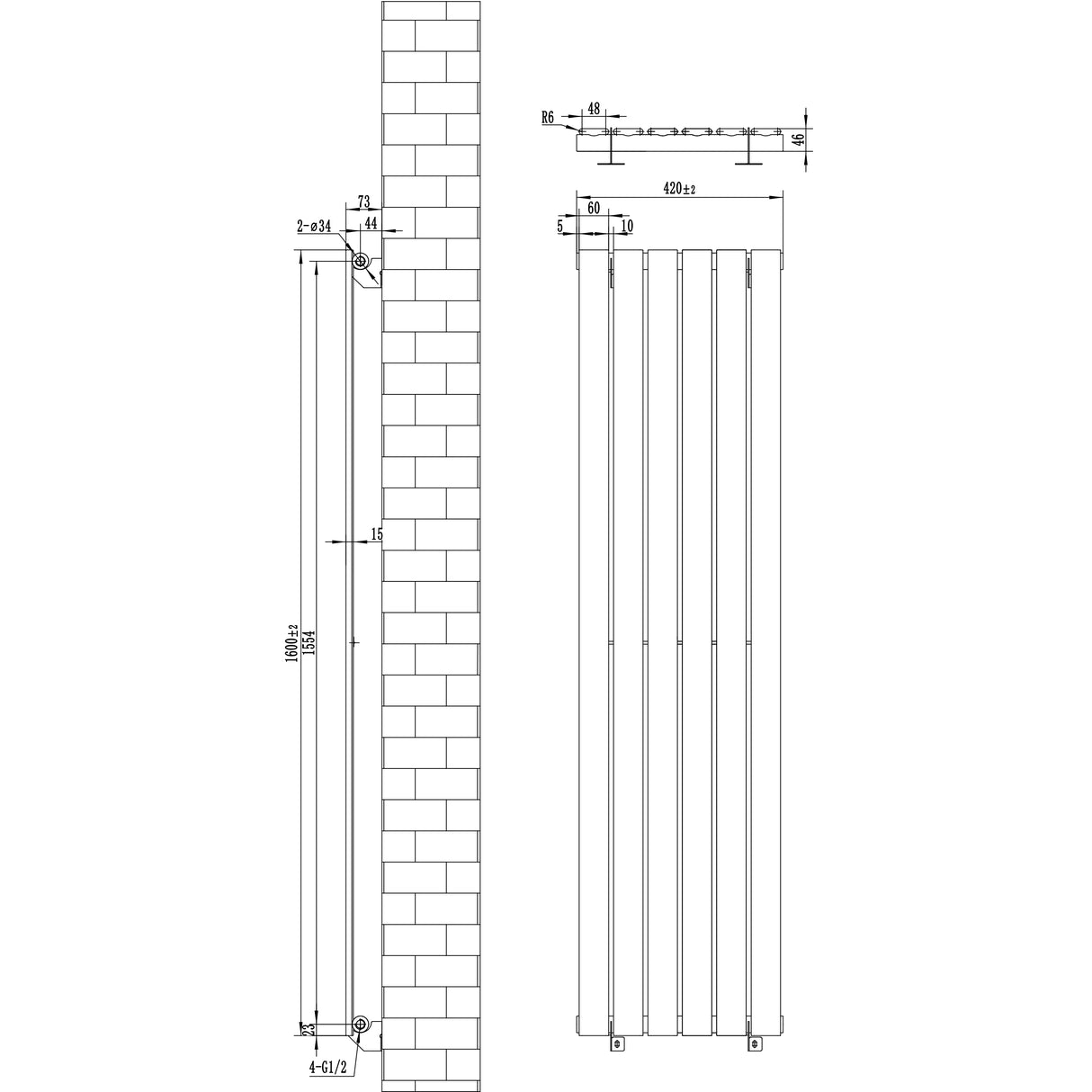 Vit platt enkelpelarradiator med måtten 1600 x 420 mm, designad för effektiv uppvärmning och stilren inredning