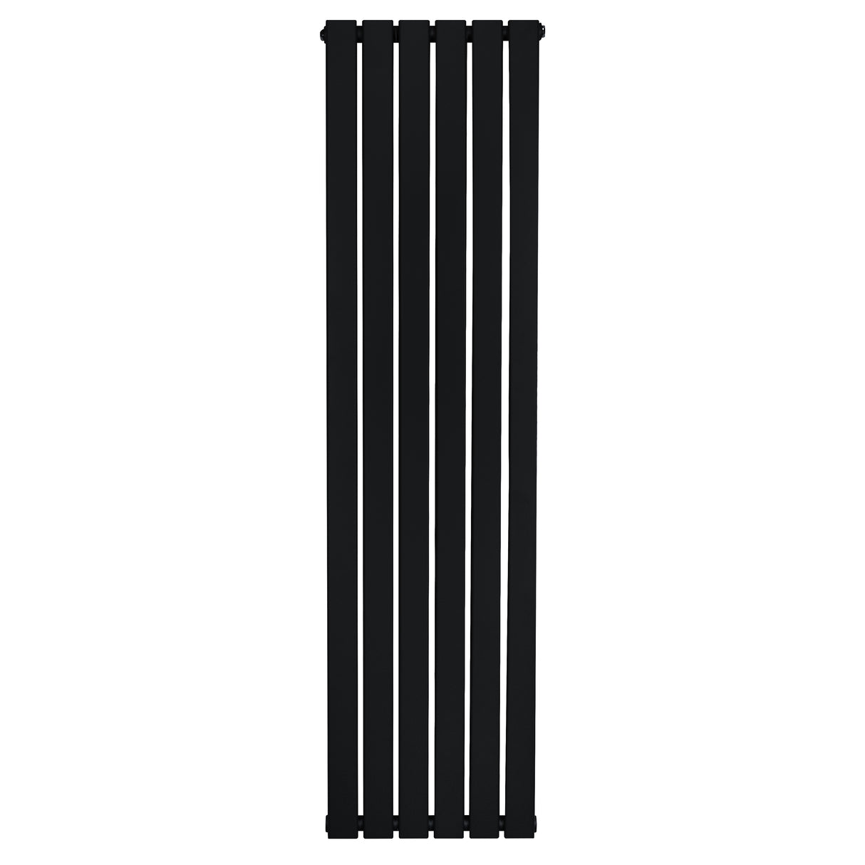 Svart platt enkelpelarradiator med fem vertikala ribbor, stilren design och slät yta, perfekt för modern inredning