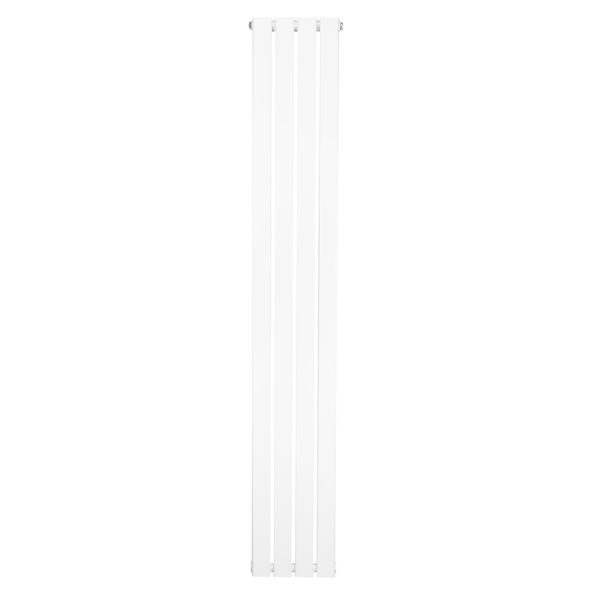 Vit platt enkelpelarradiator med fyra vertikala sektioner, slät yta och modern design, perfekt för effektiv uppvärmning