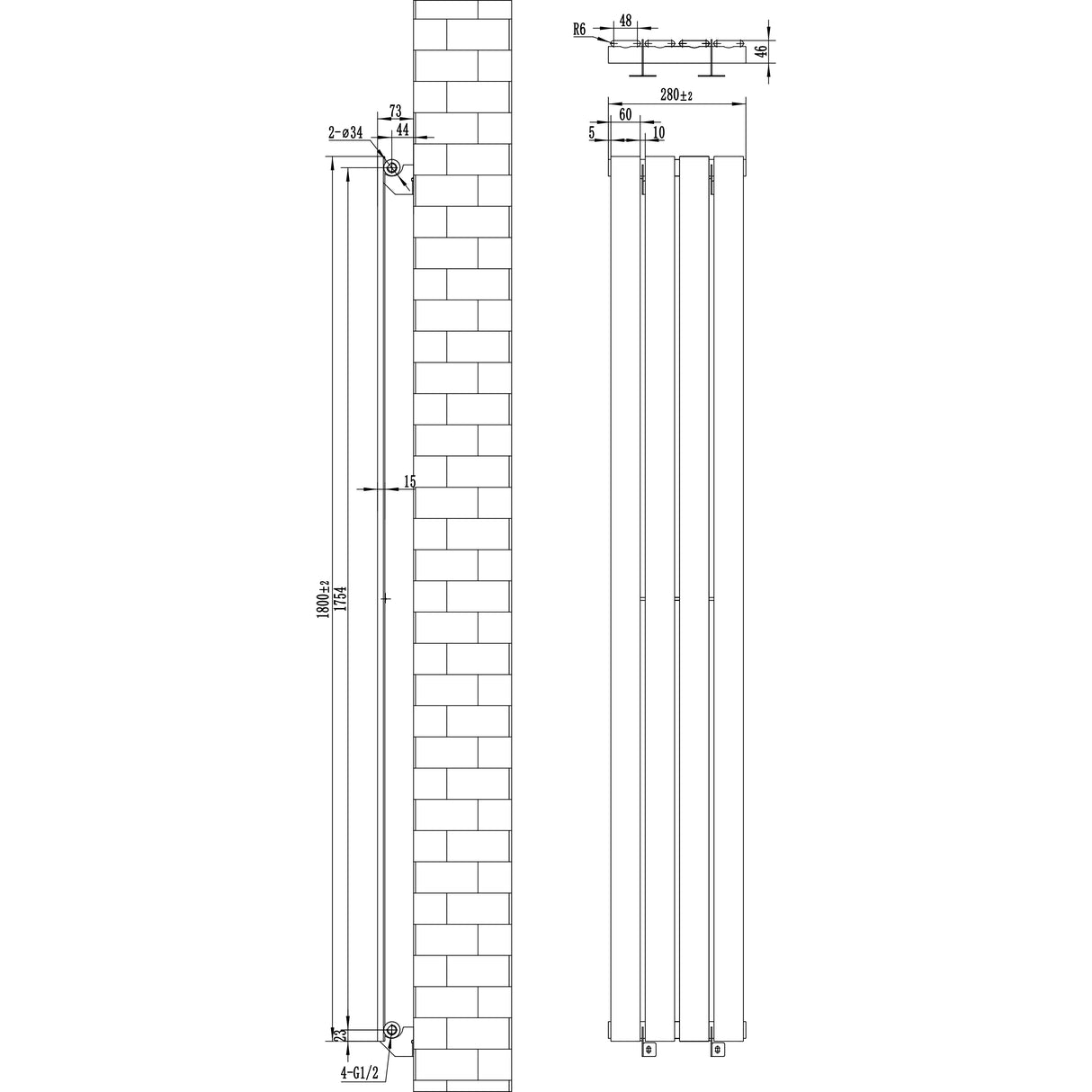 Svart platt enkelpelarradiator med måtten 1800 x 280 mm, designad för effektiv värme och modern inredning, med släta ytor och raka linjer