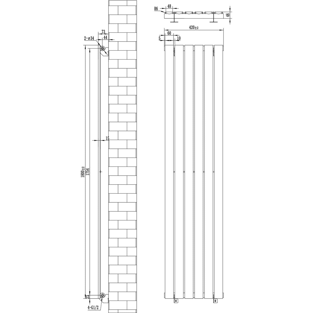 Platt enkelpelarradiator i antracitgrå, 1800 x 420 mm, med släta ytor och vertikala pelare för effektiv värmefördelning