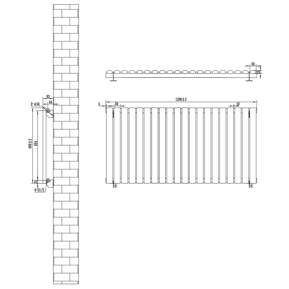 Oval svart enkelpelarradiator med måtten 600 x 1200 mm, visar detaljerade dimensioner och en slät, modern design