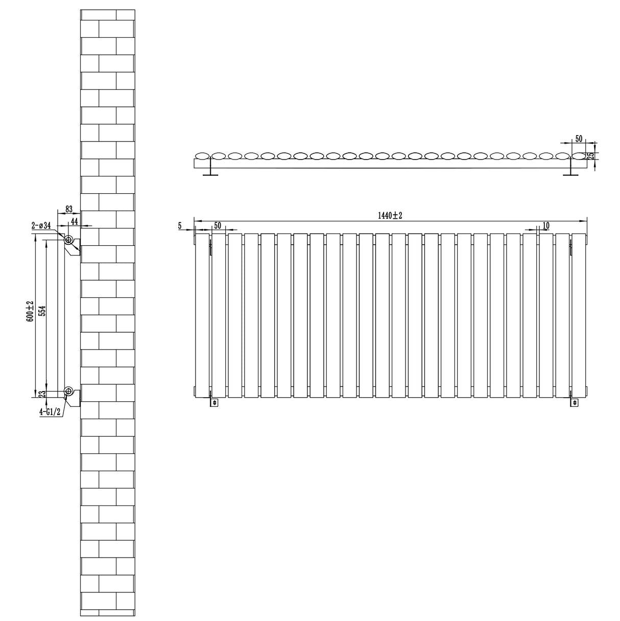 Oval enkelpelarradiator i svart, 600 x 1440 mm, med släta ytor och eleganta linjer, perfekt för modern inredning