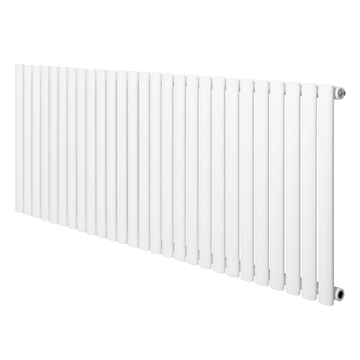Oval vit enkelpelarradiator i metall, 600 x 1620 mm, med släta, avlånga ribbor och en modern, minimalistisk design
