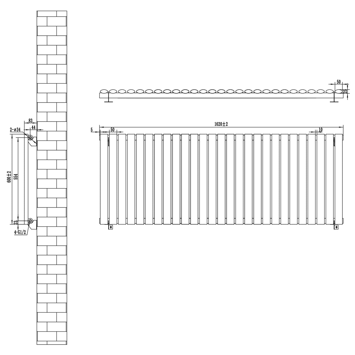 Oval vit enkelpelarradiator i måtten 600 x 1620 mm, med släta ytor och jämna rör för effektiv värmefördelning