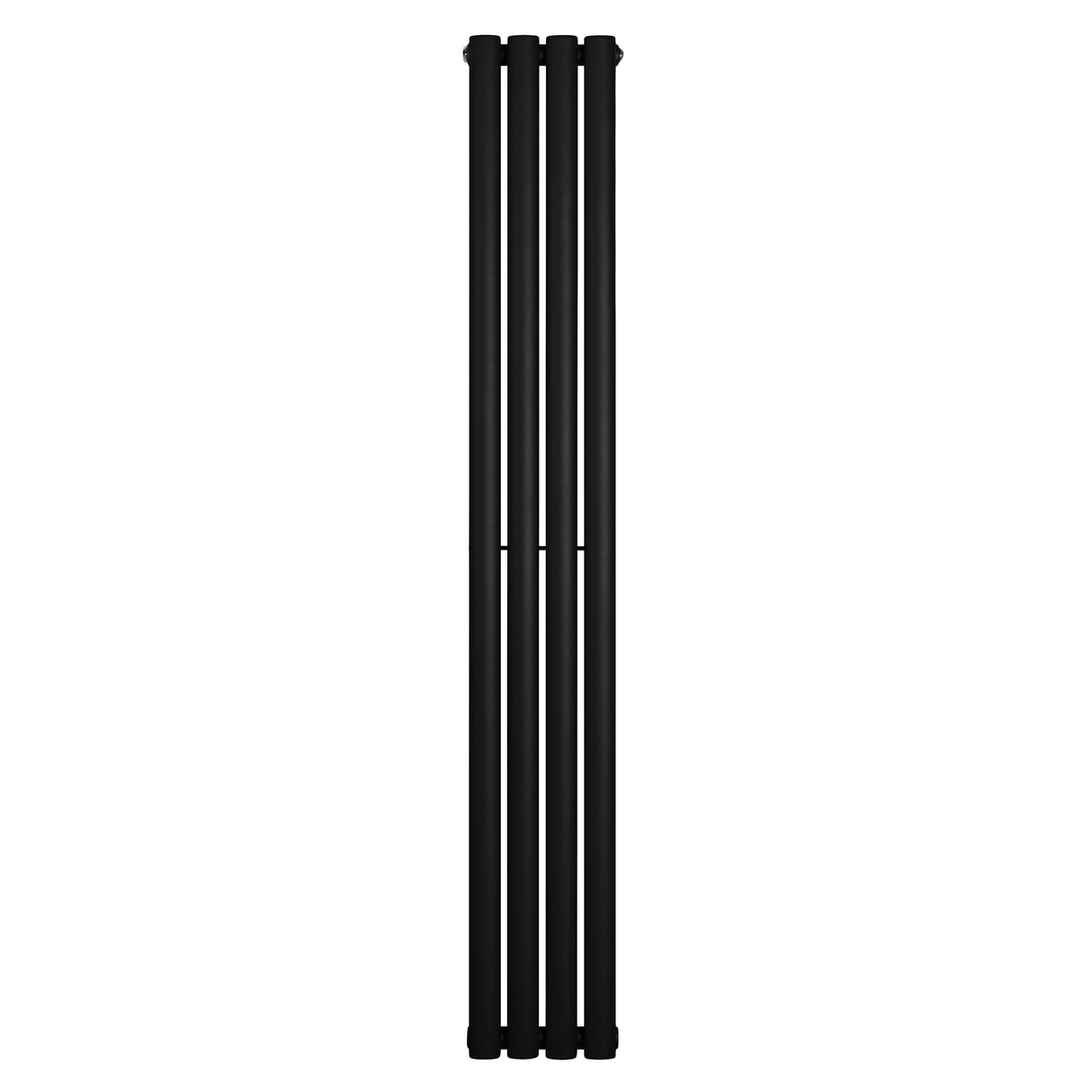 Svart oval enkelpelarradiator med fyra vertikala sektioner, elegant design och slät yta, mått 1600 x 240 mm