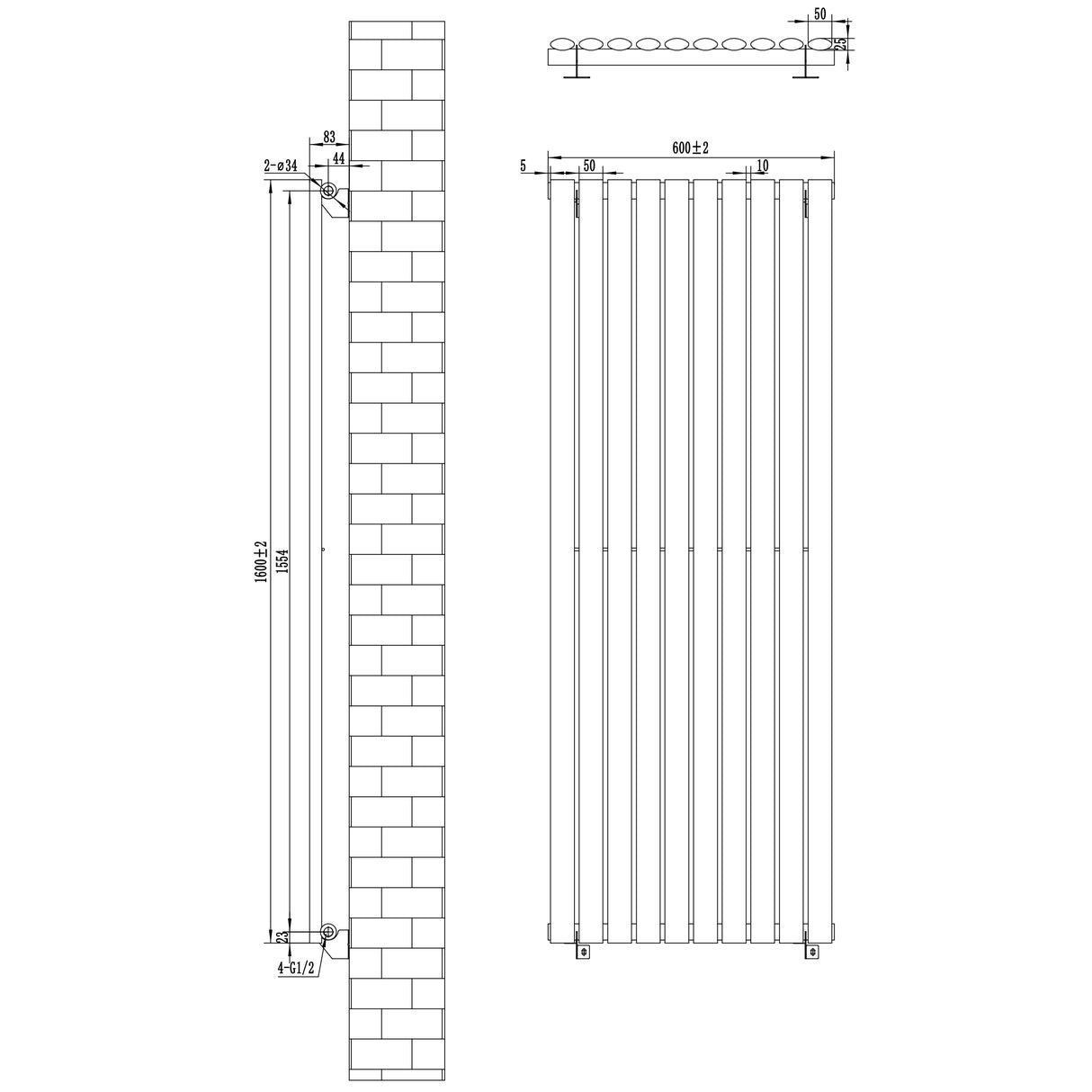 Oval enkelpelarradiator i antracitgrå, 1600 x 600 mm, med släta ytor och vertikala pelare för effektiv värmefördelning