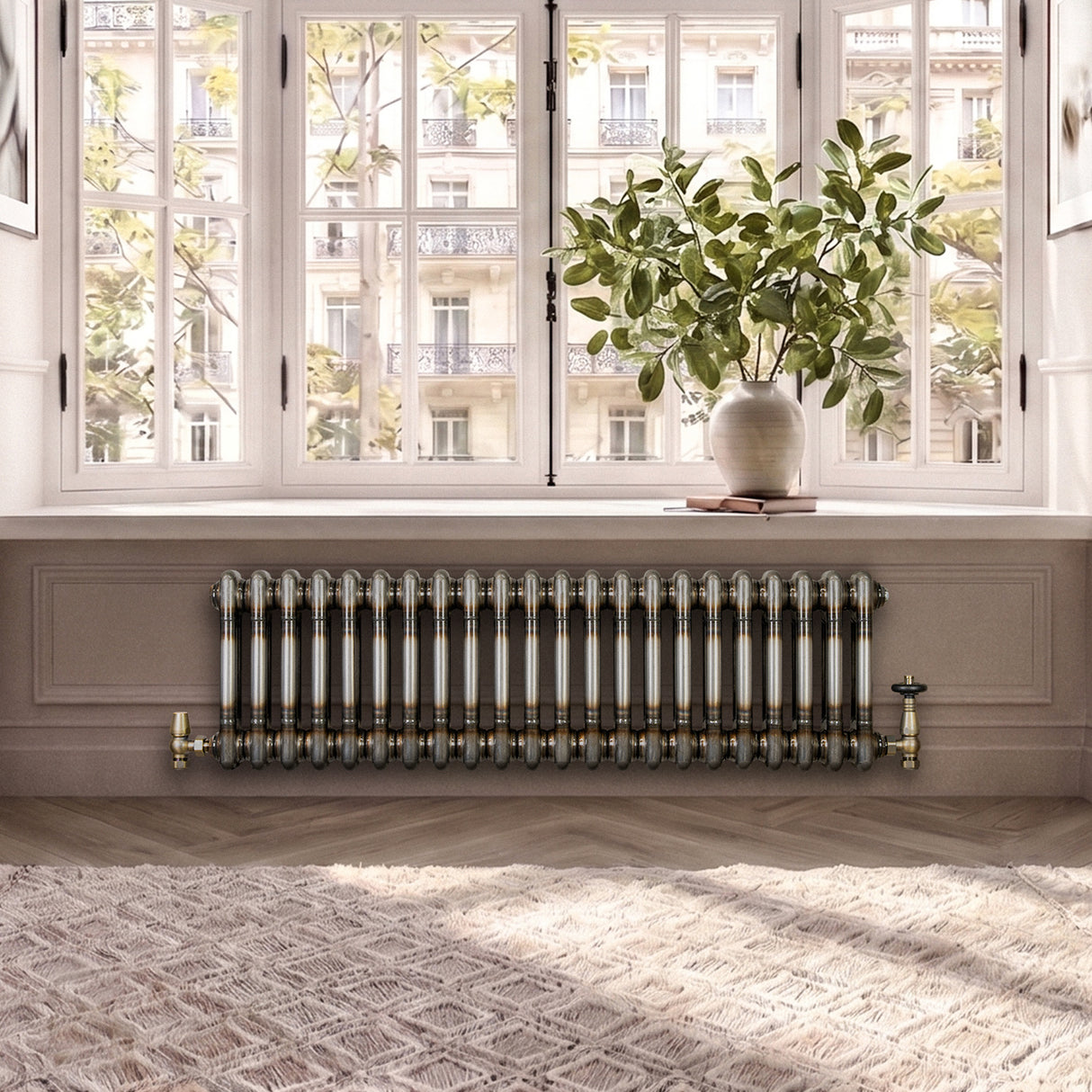 Traditionell 2-kolumnsradiator med ventiler – 300 x 1010 mm – Råmetall