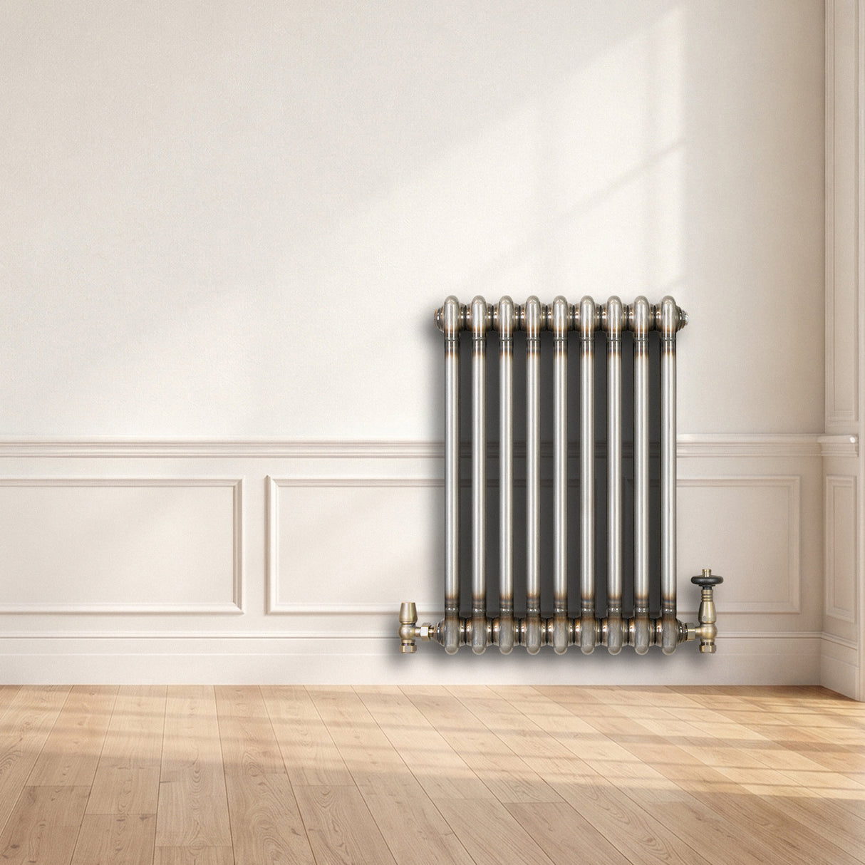 Traditionell 2-kolumnsradiator med ventiler – 600 x 425 mm – Råmetall
