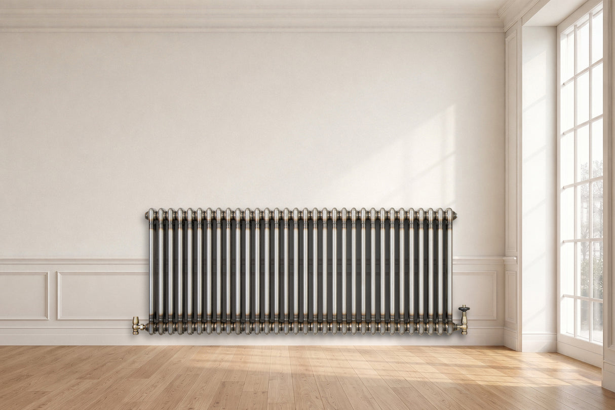 Traditionell 2-kolumnsradiator med ventiler – 600 x 1460 mm – Råmetall