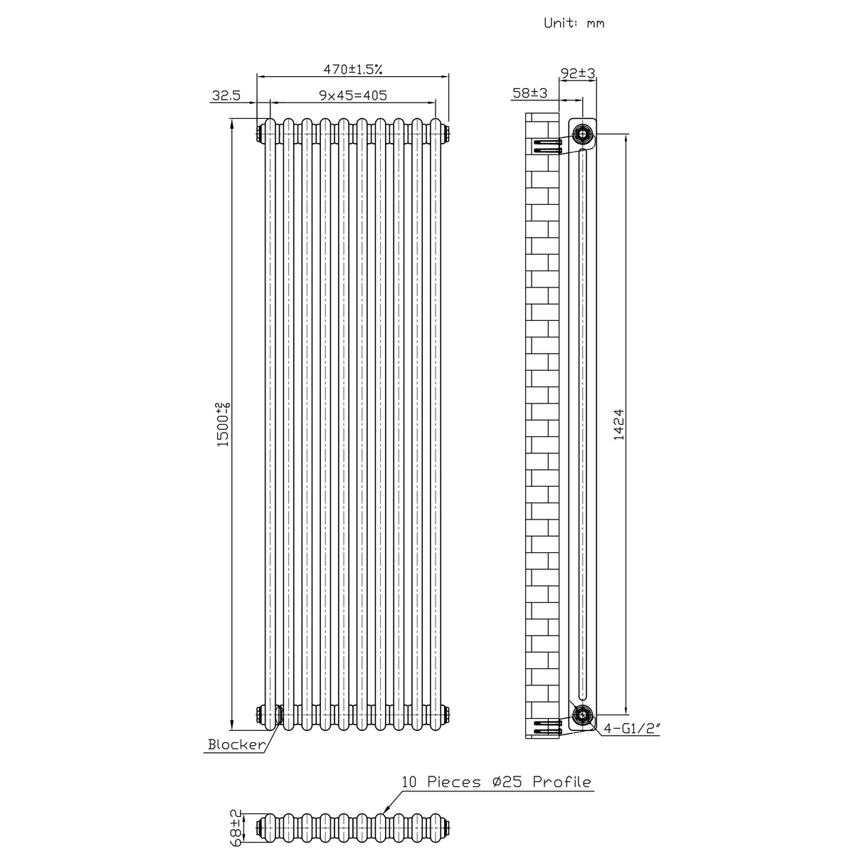 Traditionell 2-kolumnsradiator med ventiler – 1500 x 470 mm – Råmetall