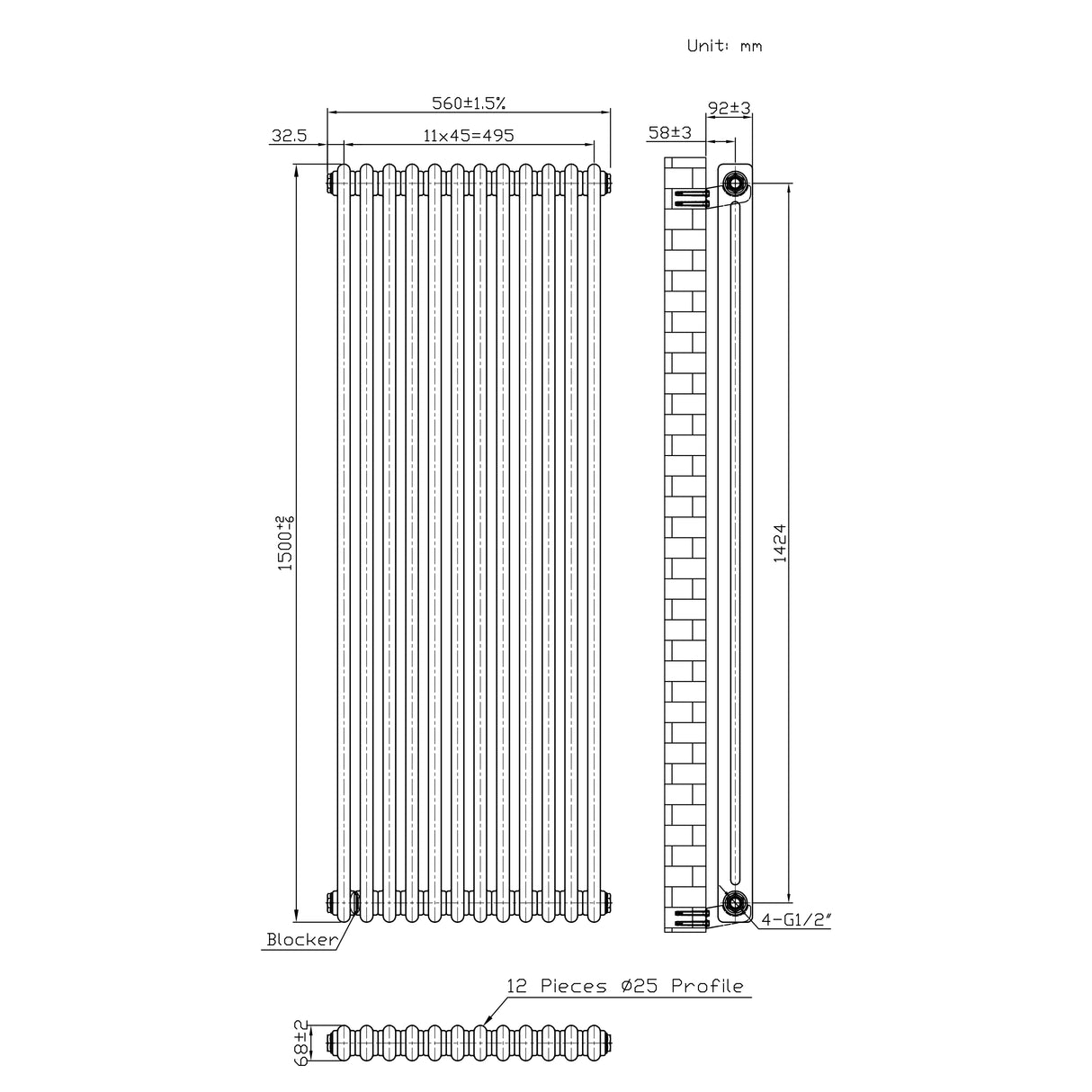 Traditionell 2-kolumnsradiator med ventiler – 1500 x 560 mm – Råmetall