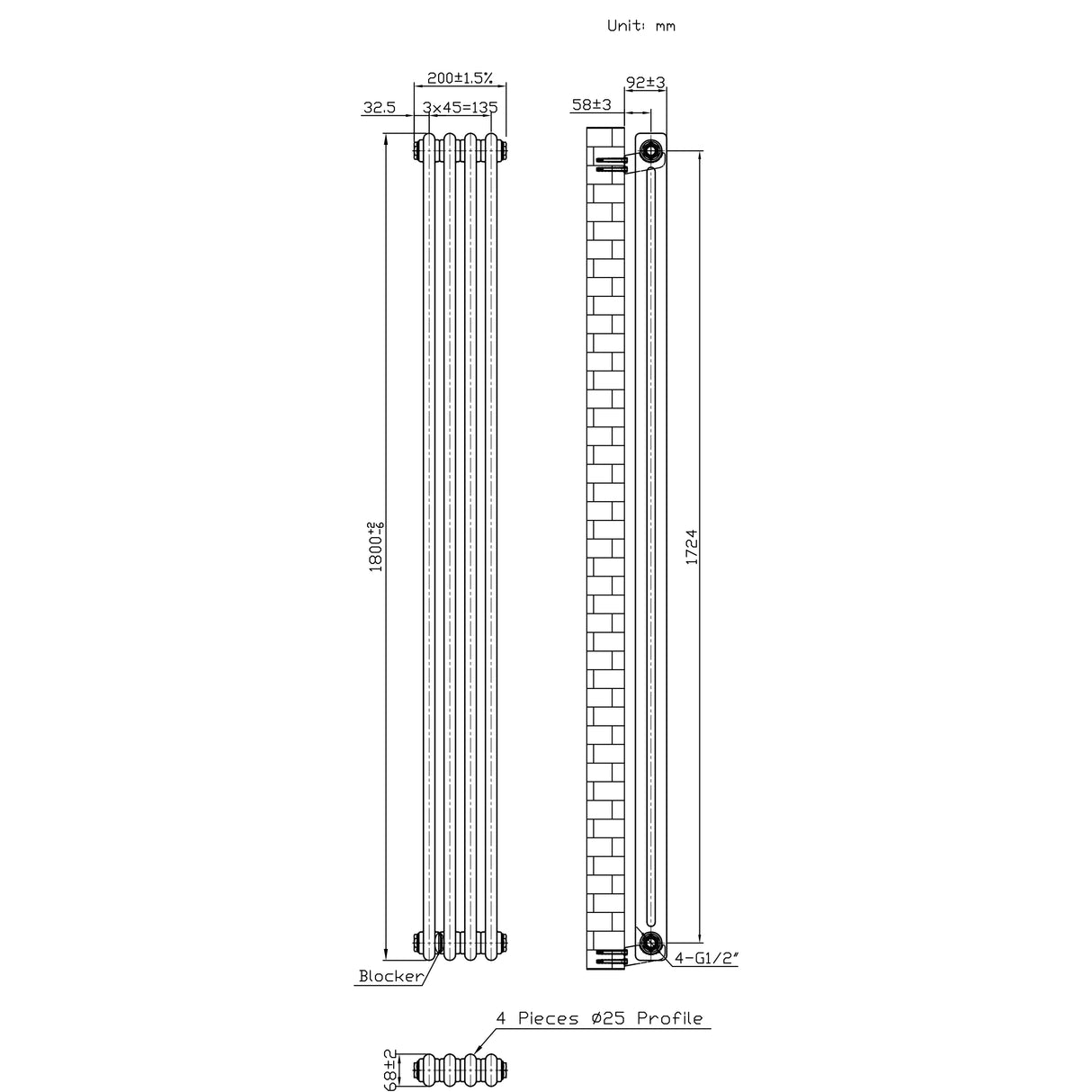 Traditionell 2-kolumnsradiator med ventiler – 1800 x 200 mm – Råmetall