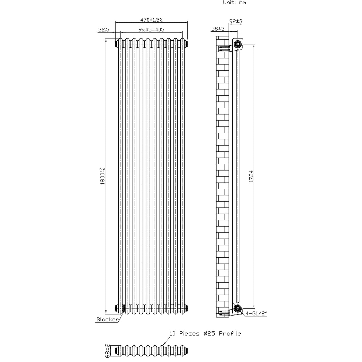 Traditionell 2-kolumnsradiator med ventiler – 1800 x 470 mm – Råmetall