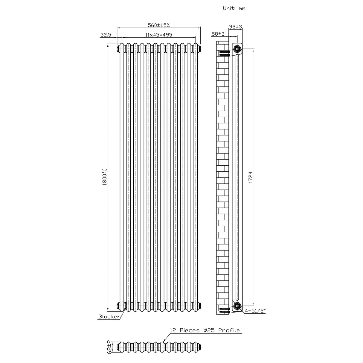 Traditionell 2-kolumnsradiator med ventiler – 1800 x 560 mm – Råmetall