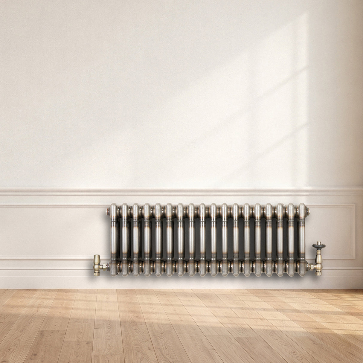 Traditionell 3-kolumnsradiator med ventiler – 300 x 830 mm – Råmetall