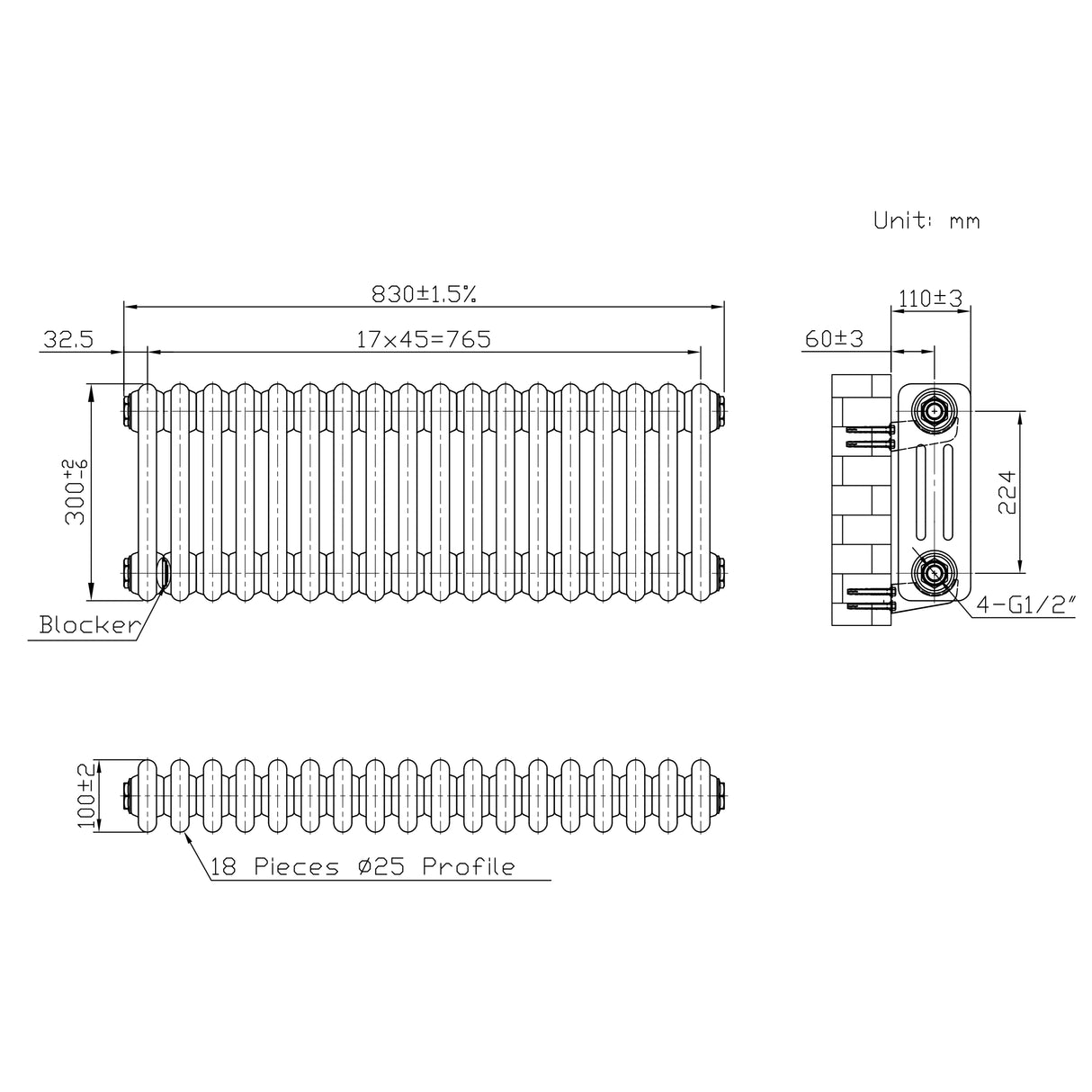 Traditionell 3-kolumnsradiator med ventiler – 300 x 830 mm – Råmetall