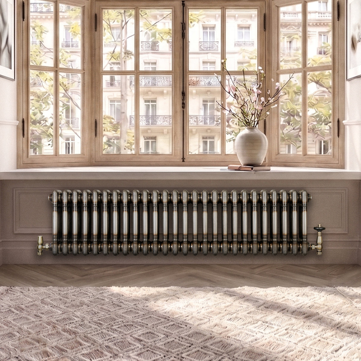 Traditionell 3-kolumnsradiator med ventiler – 300 x 1190 mm – Råmetall