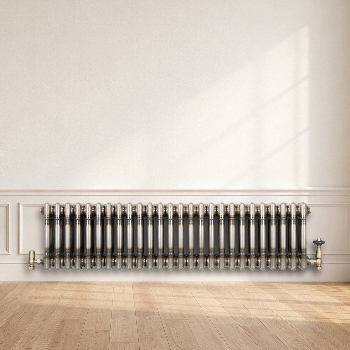 Traditionell 3-kolumnsradiator med ventiler – 300 x 1190 mm – Råmetall